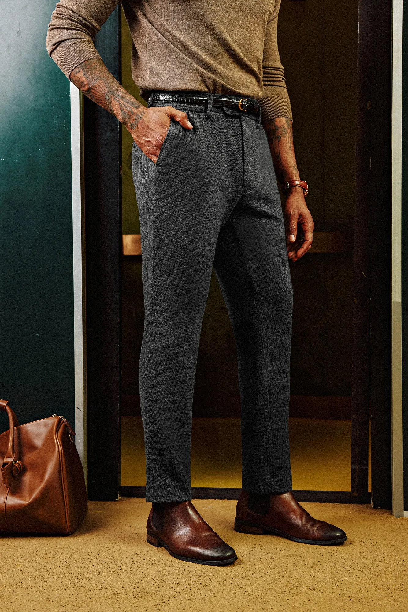 Men Skinny Trousers Elastic Waist Herringbone Pattern Multi-Pocket Pants sold by Paul Jones