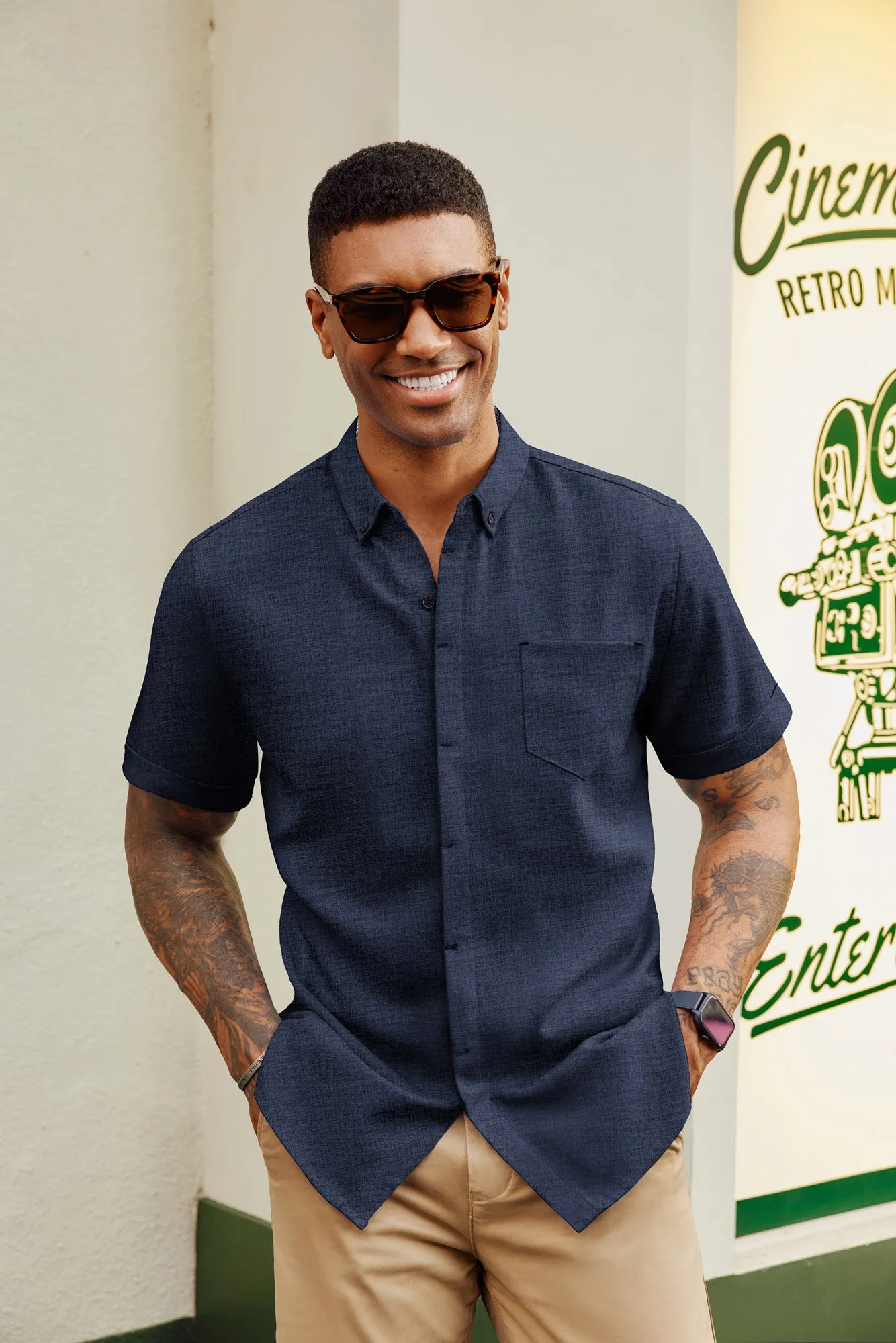 Men Hidden Placket Shirt Short Sleeve Lapel Collar Button-up Tops sold by Paul Jones product image thumbnail 3