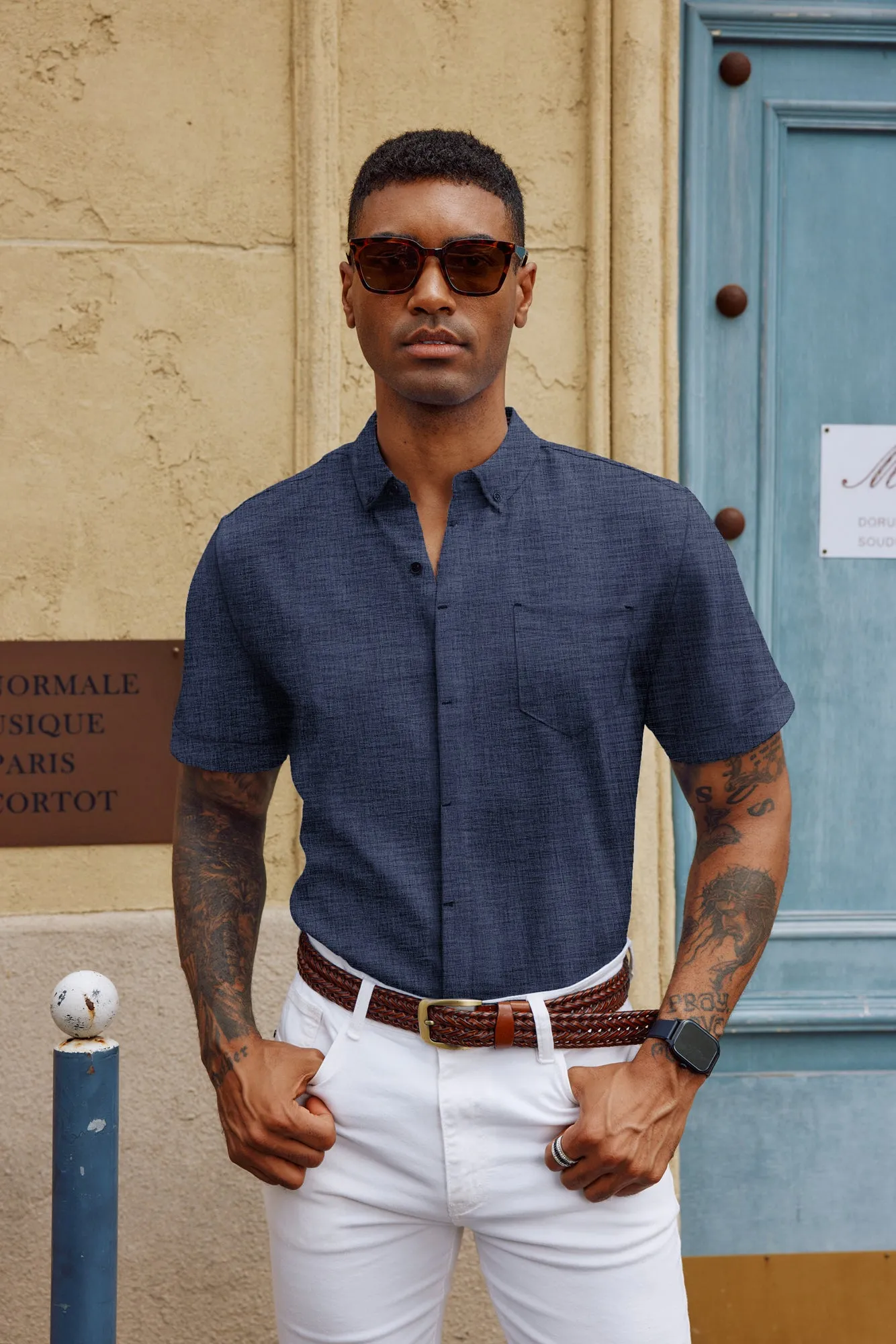 Men Hidden Placket Shirt Short Sleeve Lapel Collar Button-up Tops sold by Paul Jones product image thumbnail 2