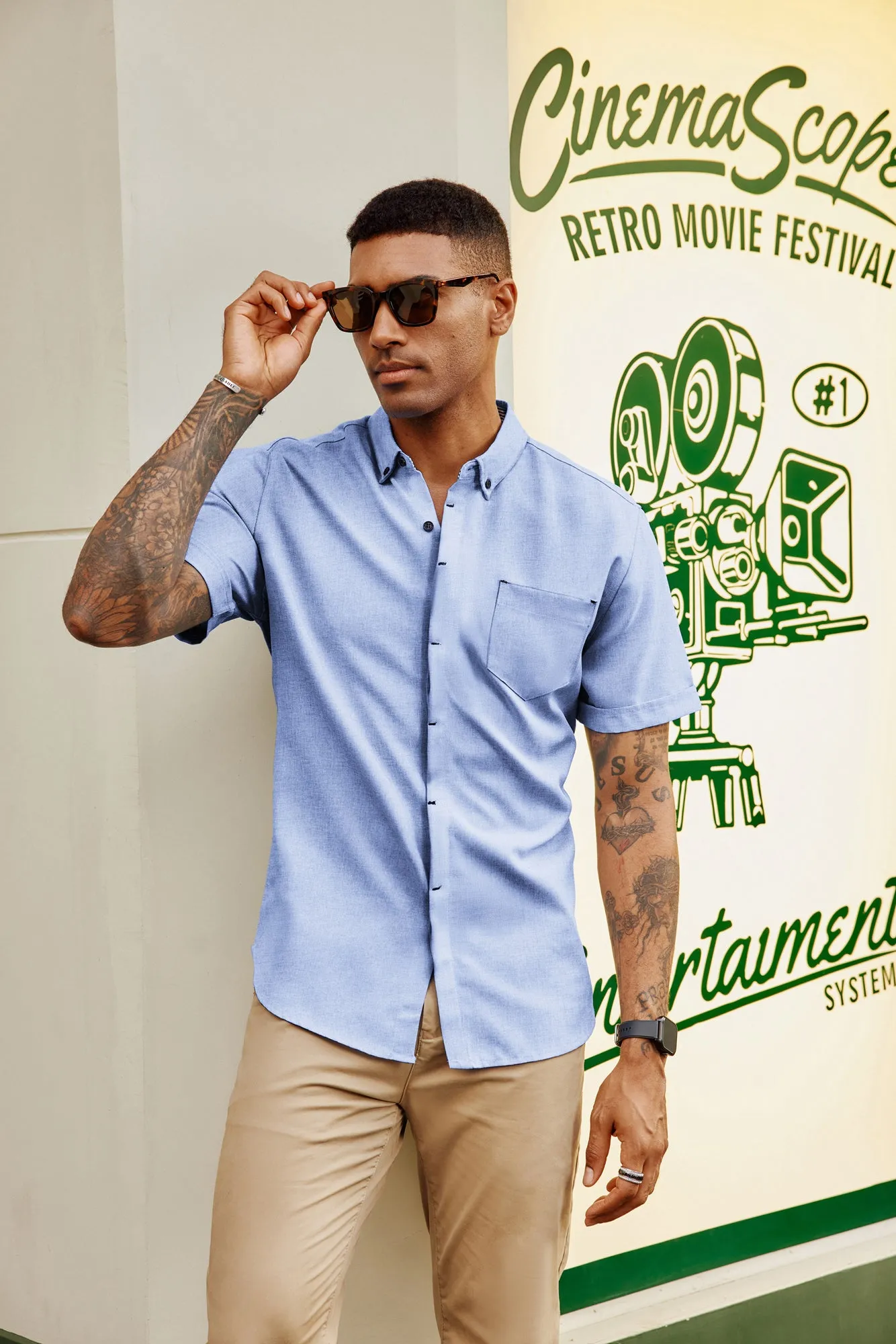 Men Hidden Placket Shirt Short Sleeve Lapel Collar Button-up Tops sold by Paul Jones product image thumbnail 5