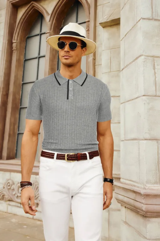 Mens Knitted Polo Shirts Short Sleeve Texture Golf Polo Pullover Shirts Casual Breathable Polo Shirts sold by Paul Jones