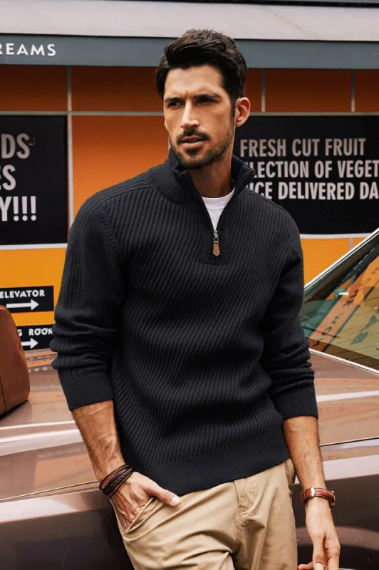 Men Stand Collar Sweater Long Sleeve Zip-up Neck Ribbed Cuff Pullover sold by Paul Jones