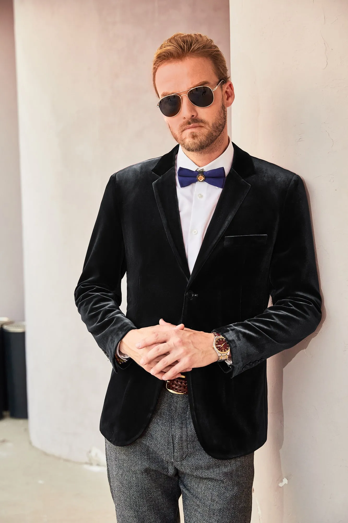 Men Velvet Party Blazer Stylish Notch Lapel Two Buttons Blazer Coat Black sold by Paul Jones