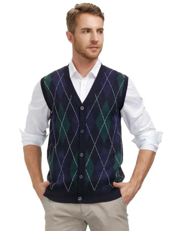 Men Sleeveless Sweater Vest Contrast Color Diamond Pattern Button Plackets sold by Paul Jones