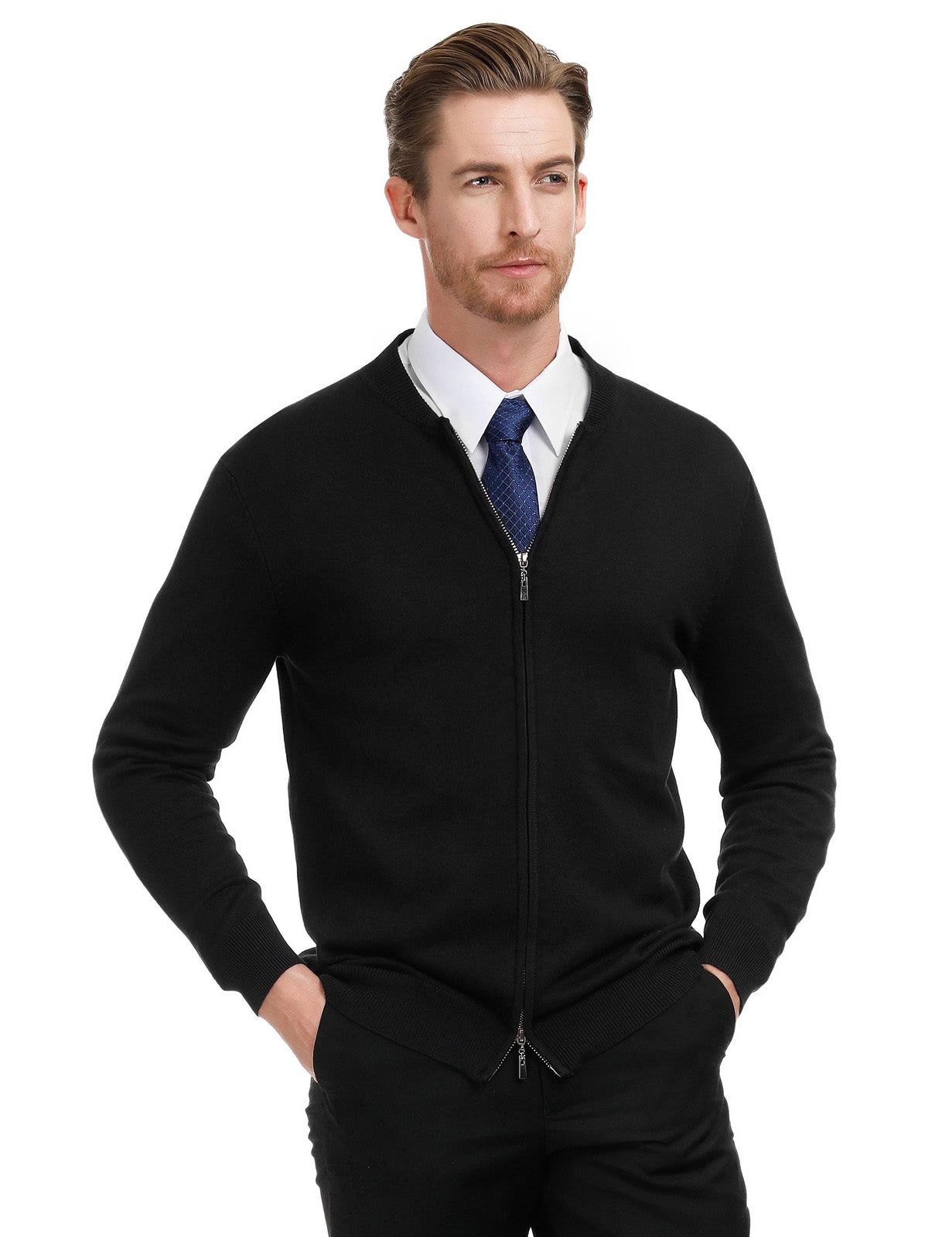 Men Slim Fit Long Sleeve Stand Collar Two-Way Zipper Knitting Baseball Jackets sold by Paul Jones product image thumbnail 5