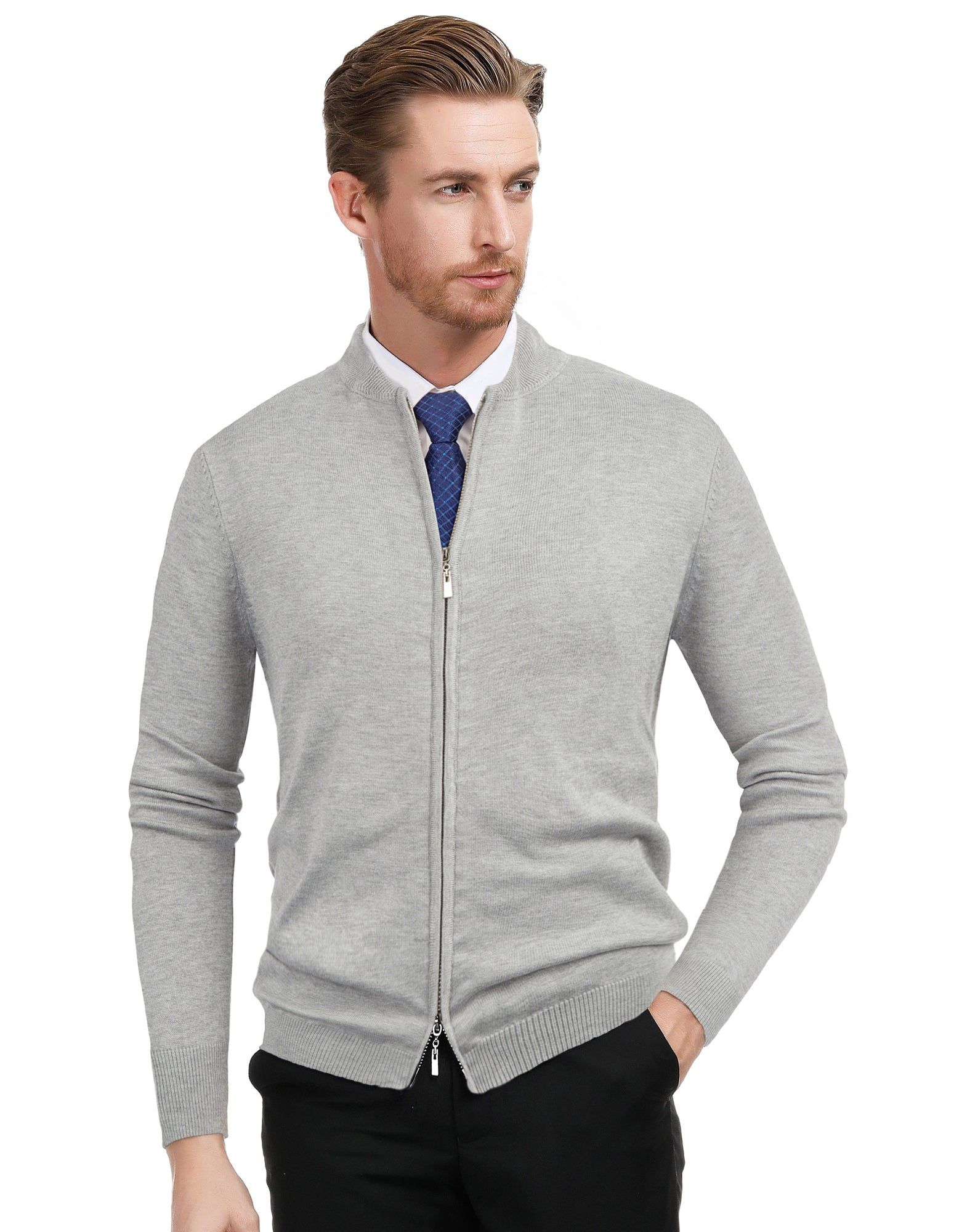 Men Slim Fit Long Sleeve Stand Collar Two-Way Zipper Knitting Baseball Jackets sold by Paul Jones