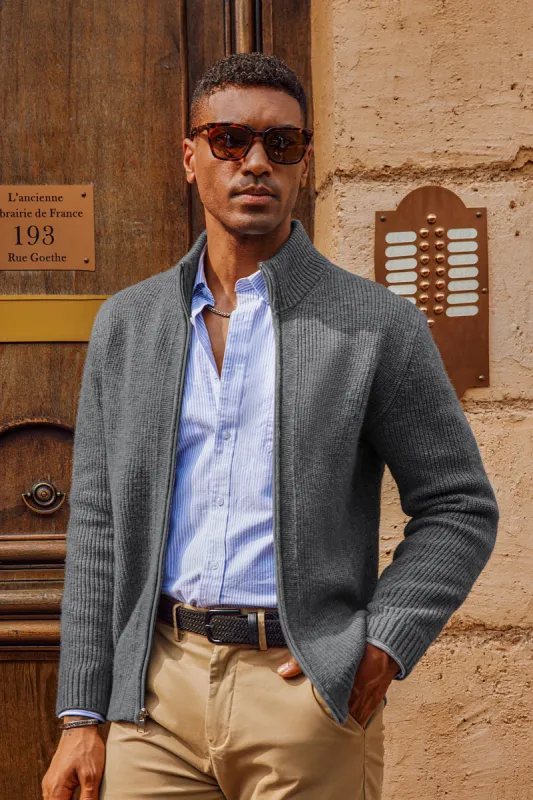 Men Stand Collar Textured Cardigan Long Sleeve Zip-up Sweater Knitwear sold by Paul Jones