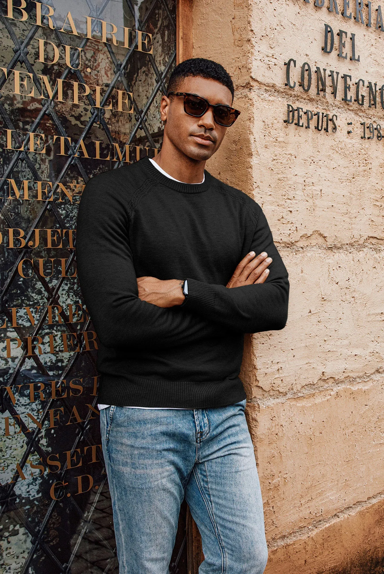 Men Stylish Sweater Long Raglan Sleeve Crew Neck Ribbed Cuff Pullover sold by Paul Jones