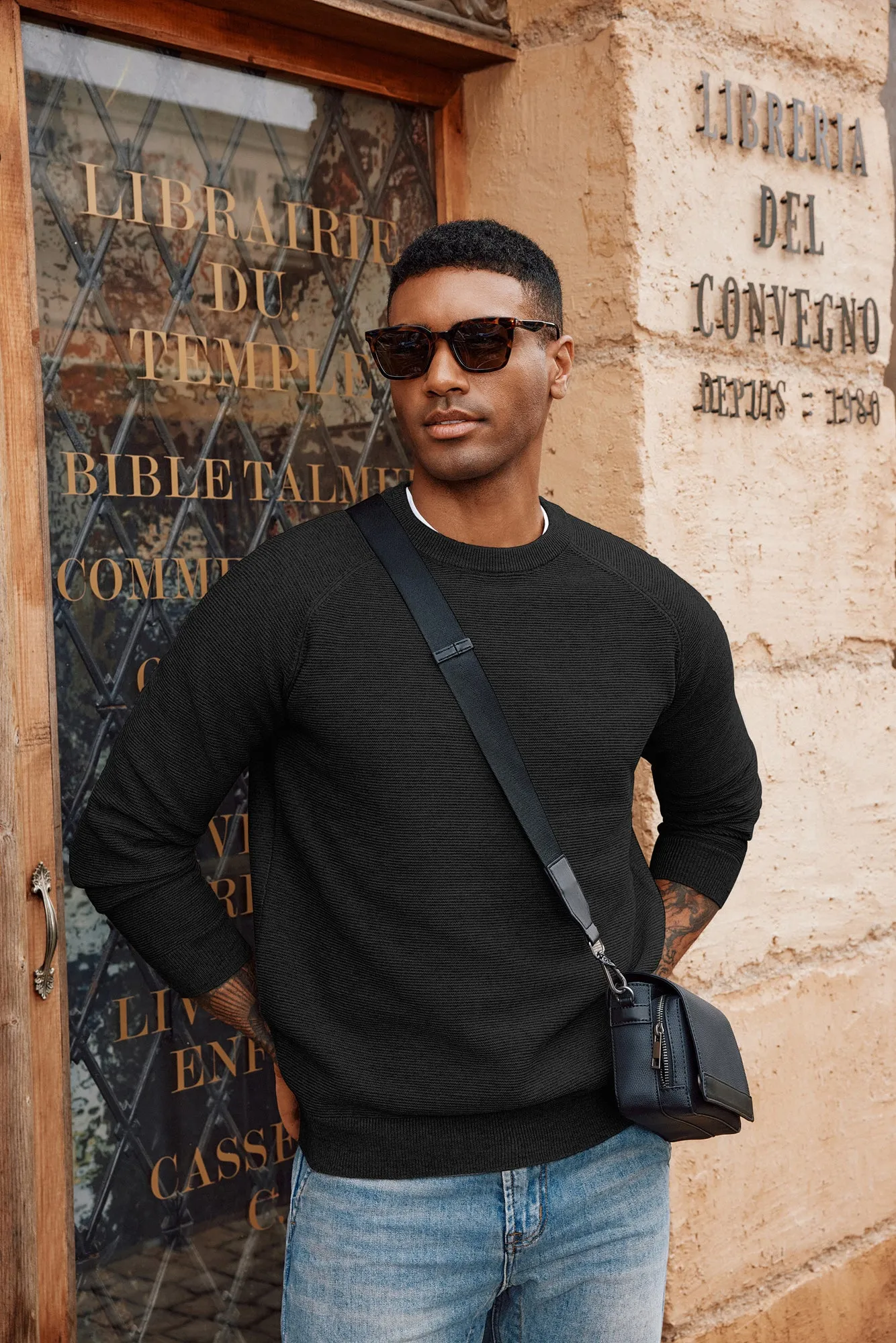 Men Fully Textured Sweater Long Raglan Sleeve Crew Neck Ribbed Cuff Pullover sold by Paul Jones