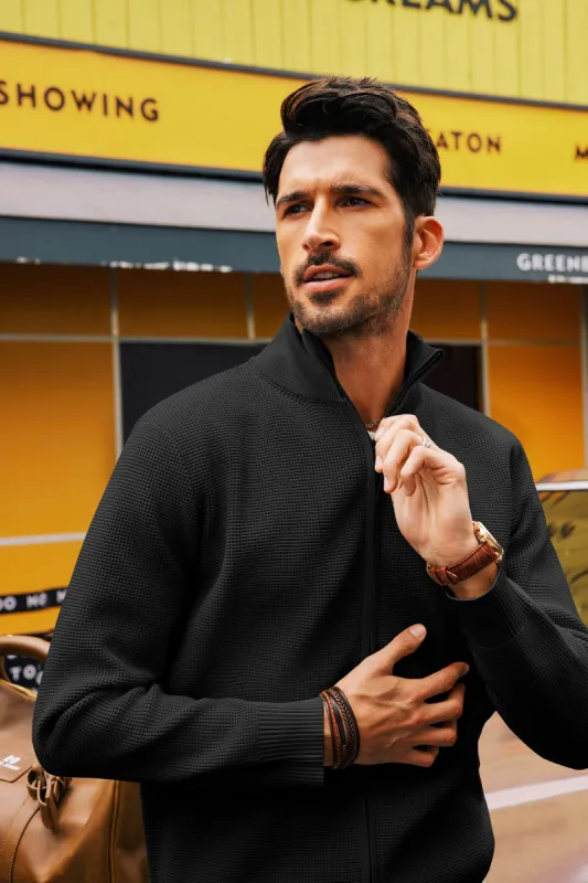 Men Waffle Textured Cardigan Long Sleeve Stand Collar Zip-up Sweater Knitwear sold by Paul Jones