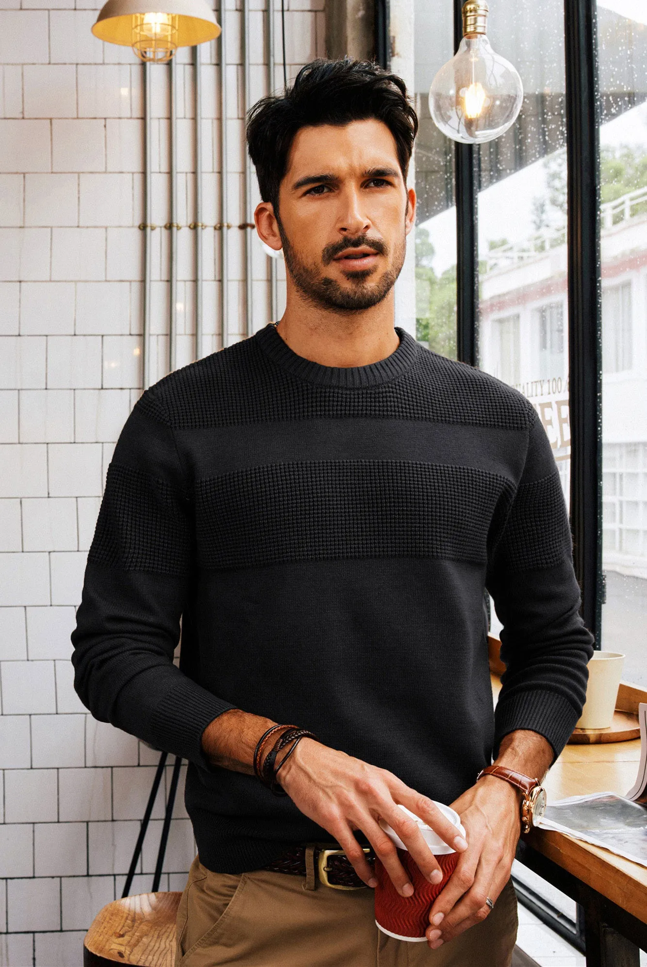 Men Textured Sweater Long Sleeve Crew Neck Ribbed Cuff Pullover Knitwear sold by Paul Jones product image thumbnail 3