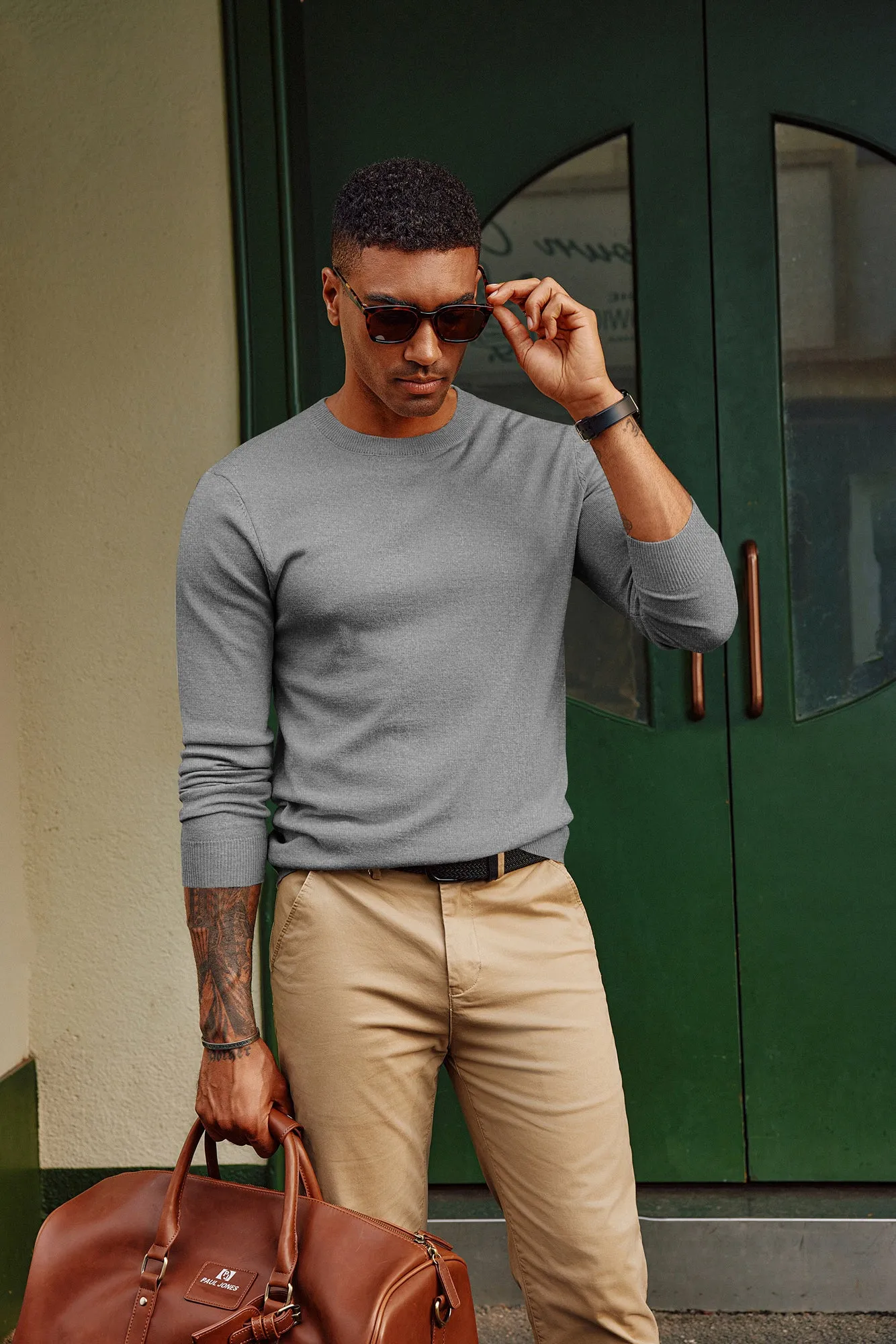 Men Basic Sweater Casual Long Sleeve Crew Neck Ribbed Cuff Thin Pullover sold by Paul Jones