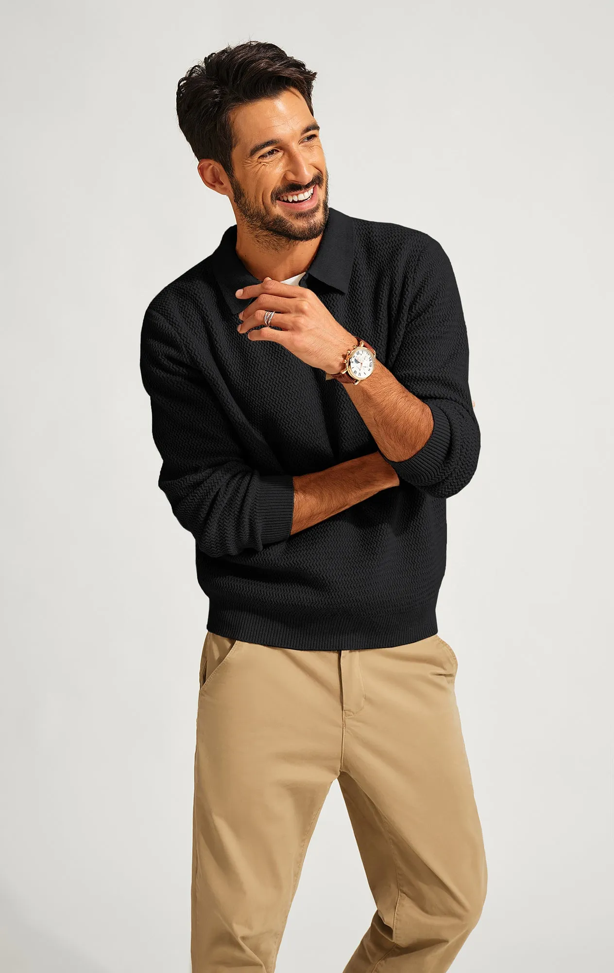 Men Fully Textured Sweater Long Sleeve Lapel Collar V-Neck Pullover Knitwear sold by Paul Jones product image thumbnail 3