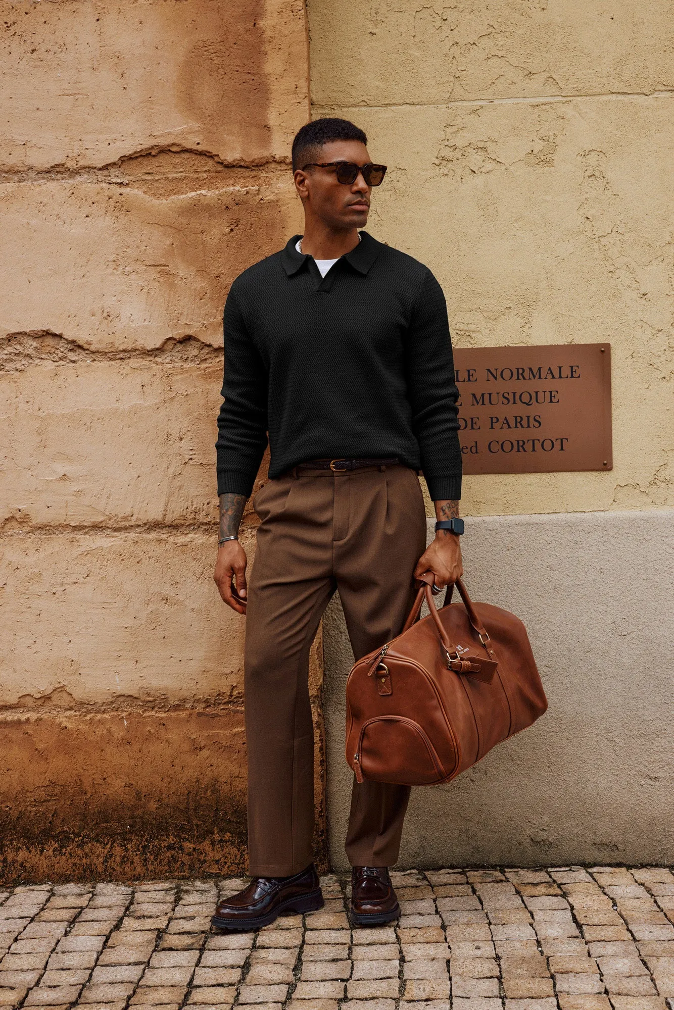 Men Fully Textured Sweater Long Sleeve Lapel Collar V-Neck Pullover Knitwear sold by Paul Jones