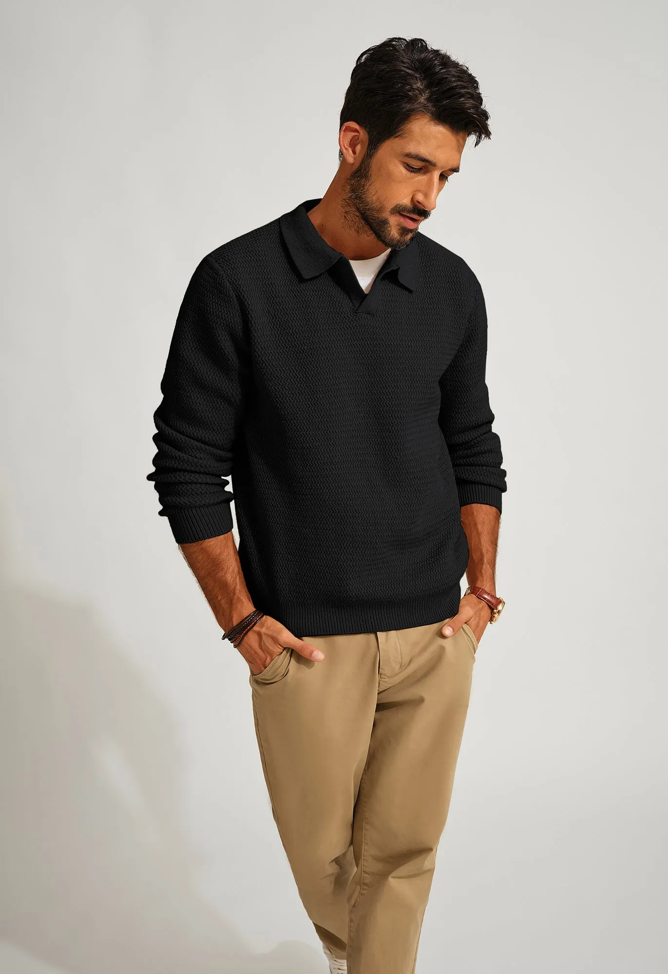 Men Fully Textured Sweater Long Sleeve Lapel Collar V-Neck Pullover Knitwear sold by Paul Jones product image thumbnail 4