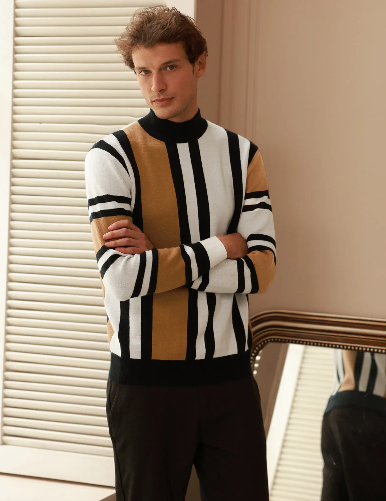 Mens Vintage Stripes Pullover Stand Collar Mockneck Jumper Sweater sold by Paul Jones