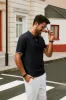 Men Textured Knitwear Short Sleeve Lapel Collar Zip-up Neck Knitted Tops sold by Paul Jones