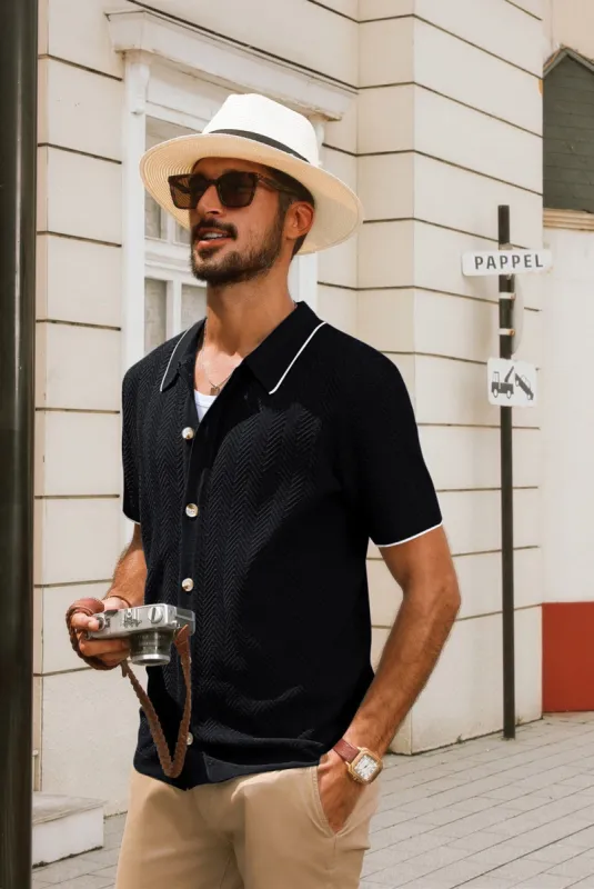 Men Textured Cardigan Short Sleeve Lapel Collar Button-up Sweater Knitwear sold by Paul Jones