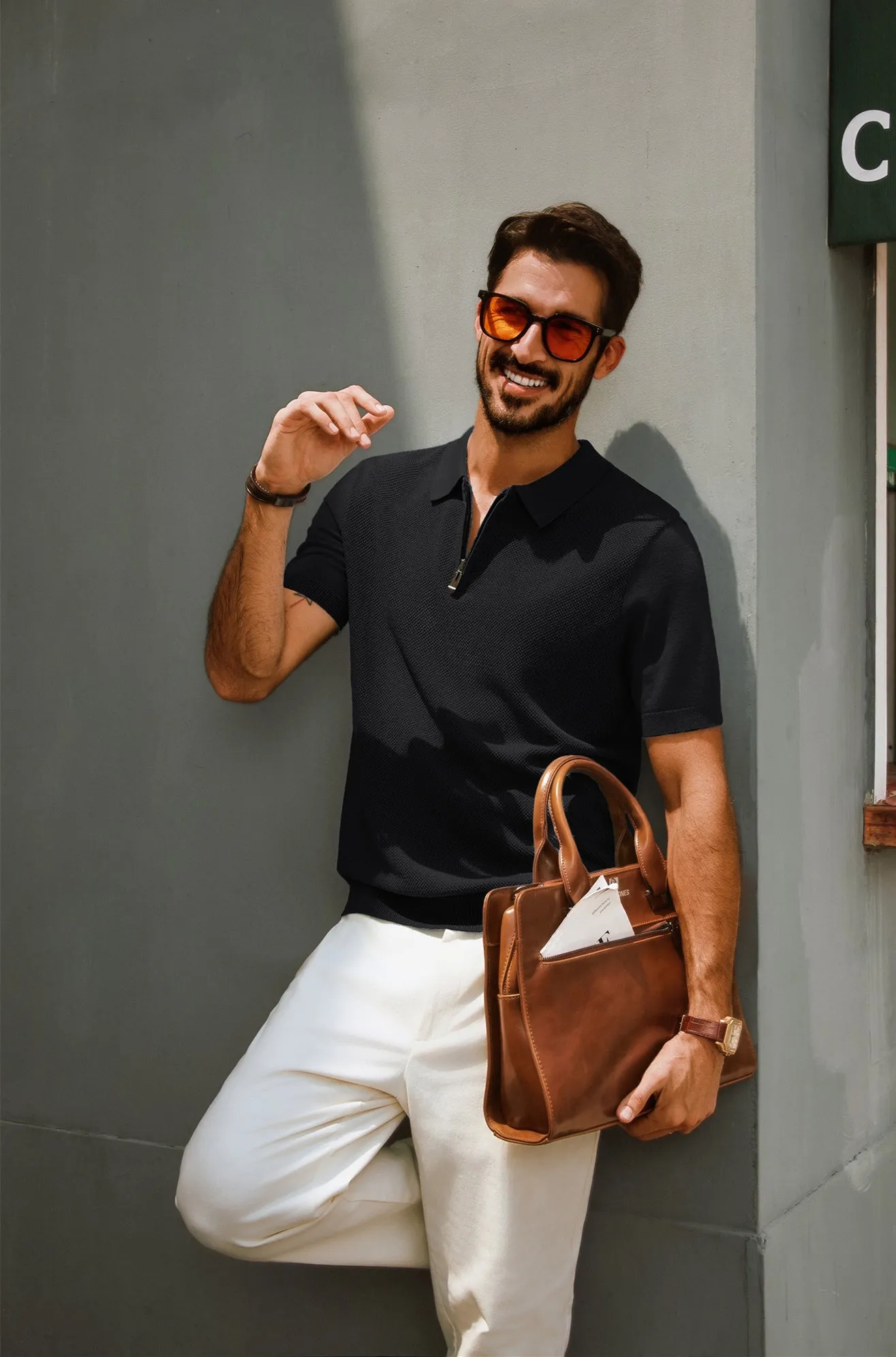 Men Textured Sweater Short Sleeve Lapel Collar Zip-up Neck Knitwear Tops sold by Paul Jones product image thumbnail 5