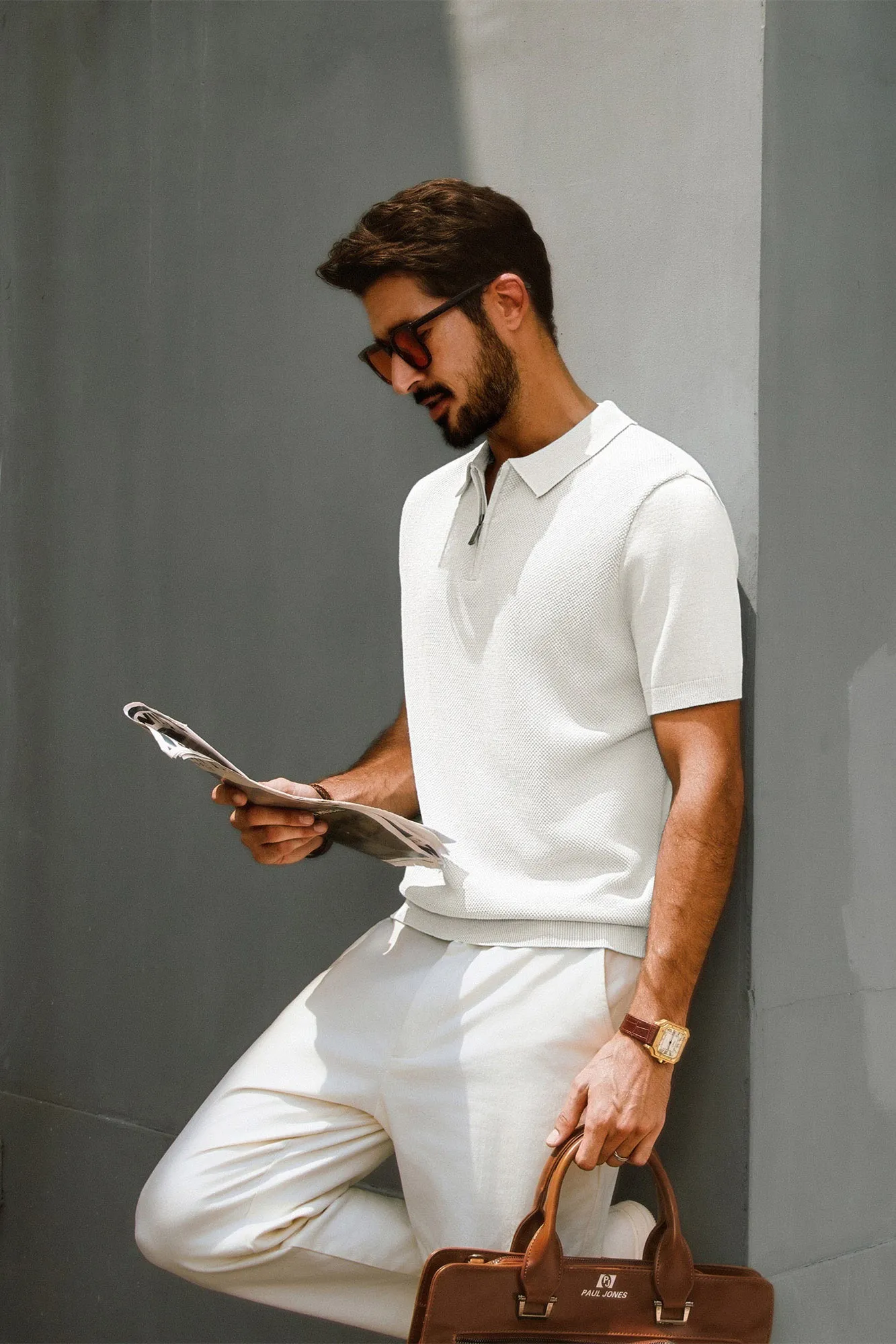 Men Textured Sweater Short Sleeve Lapel Collar Zip-up Neck Knitwear Tops sold by Paul Jones product image thumbnail 3