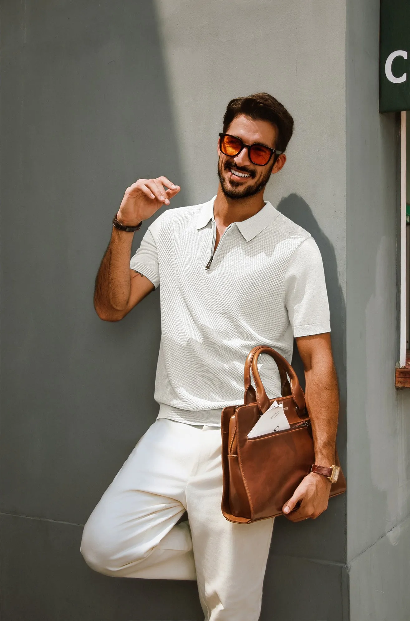 Men Textured Sweater Short Sleeve Lapel Collar Zip-up Neck Knitwear Tops sold by Paul Jones