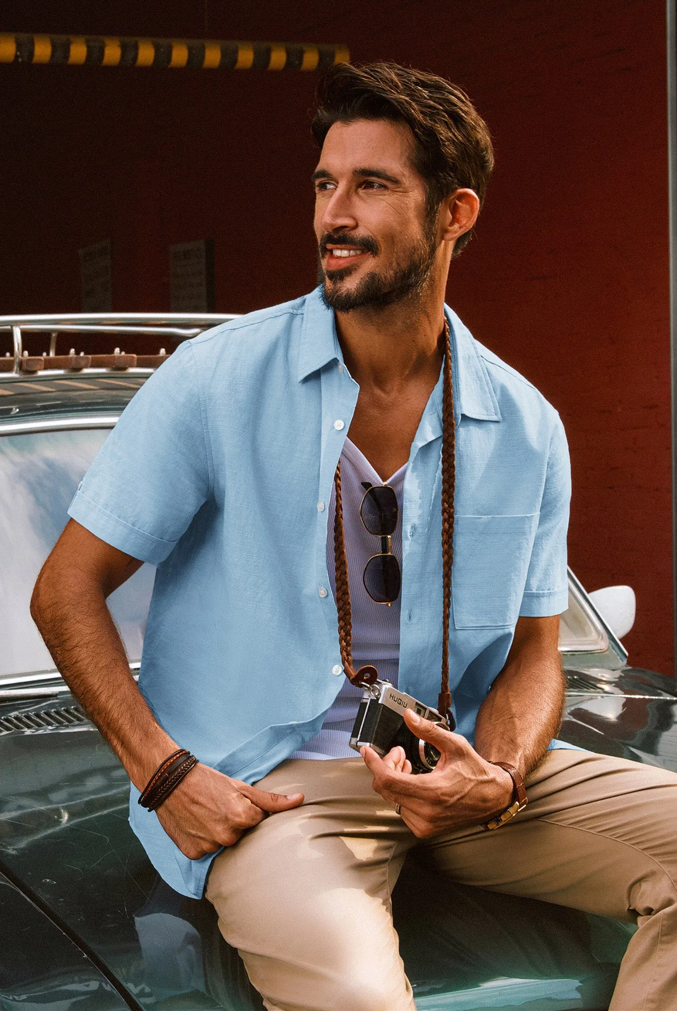 Men Straight Shirt Casual Short Sleeve Lapel Collar Curved Hem Button-up Tops sold by Paul Jones product image thumbnail 5