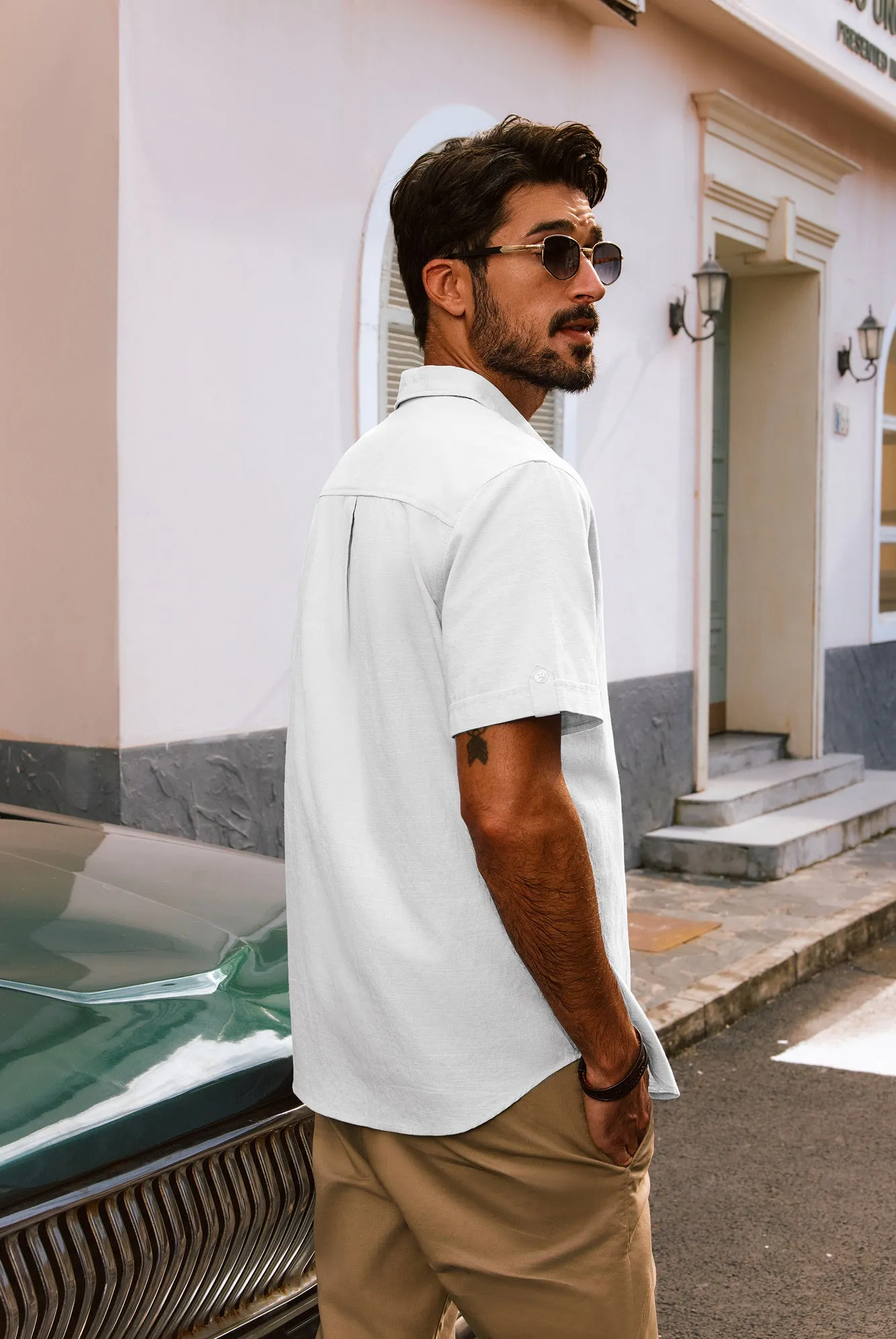 Men Straight Shirt Casual Short Sleeve Lapel Collar Curved Hem Button-up Tops sold by Paul Jones product image thumbnail 4