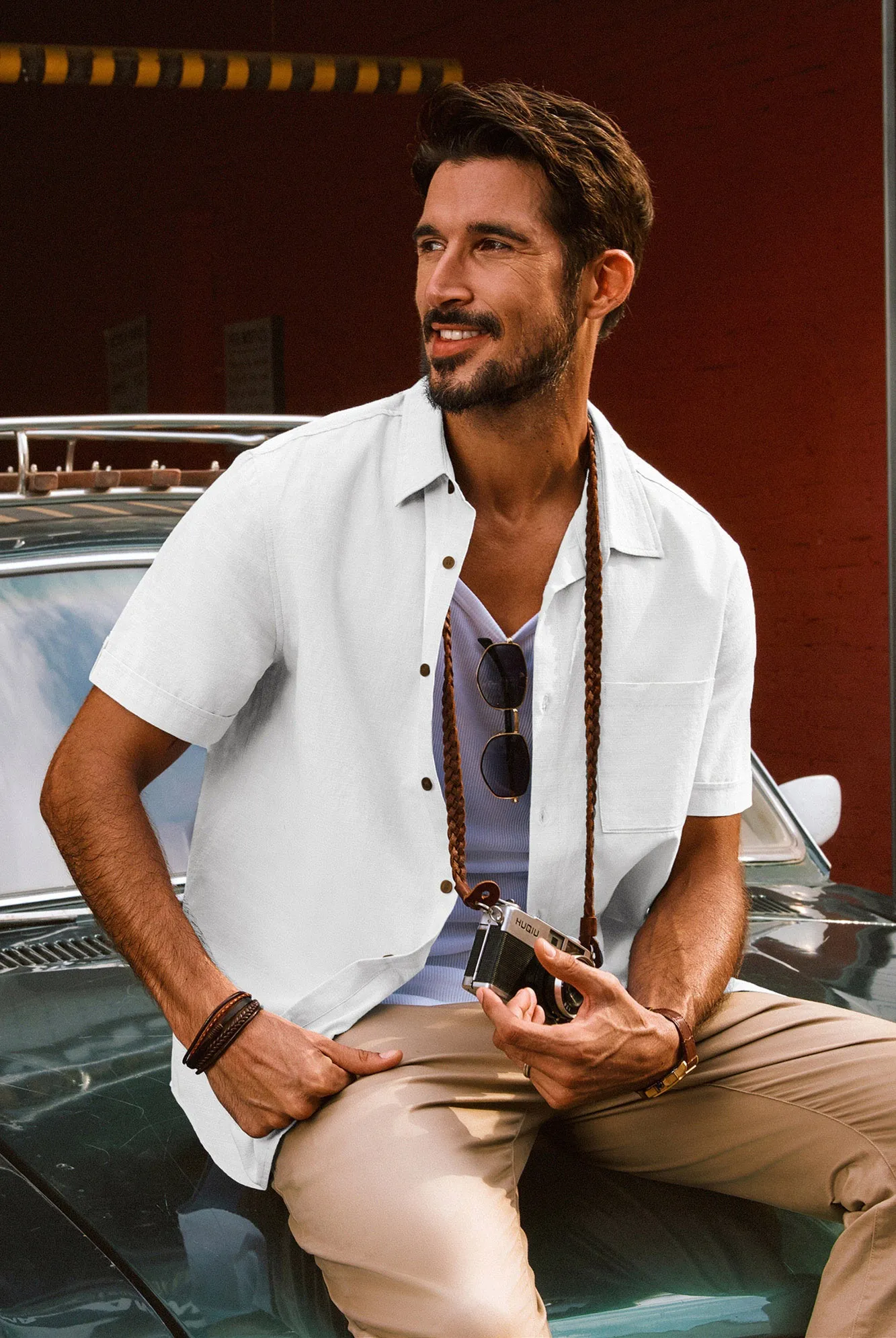 Men Straight Shirt Casual Short Sleeve Lapel Collar Curved Hem Button-up Tops sold by Paul Jones