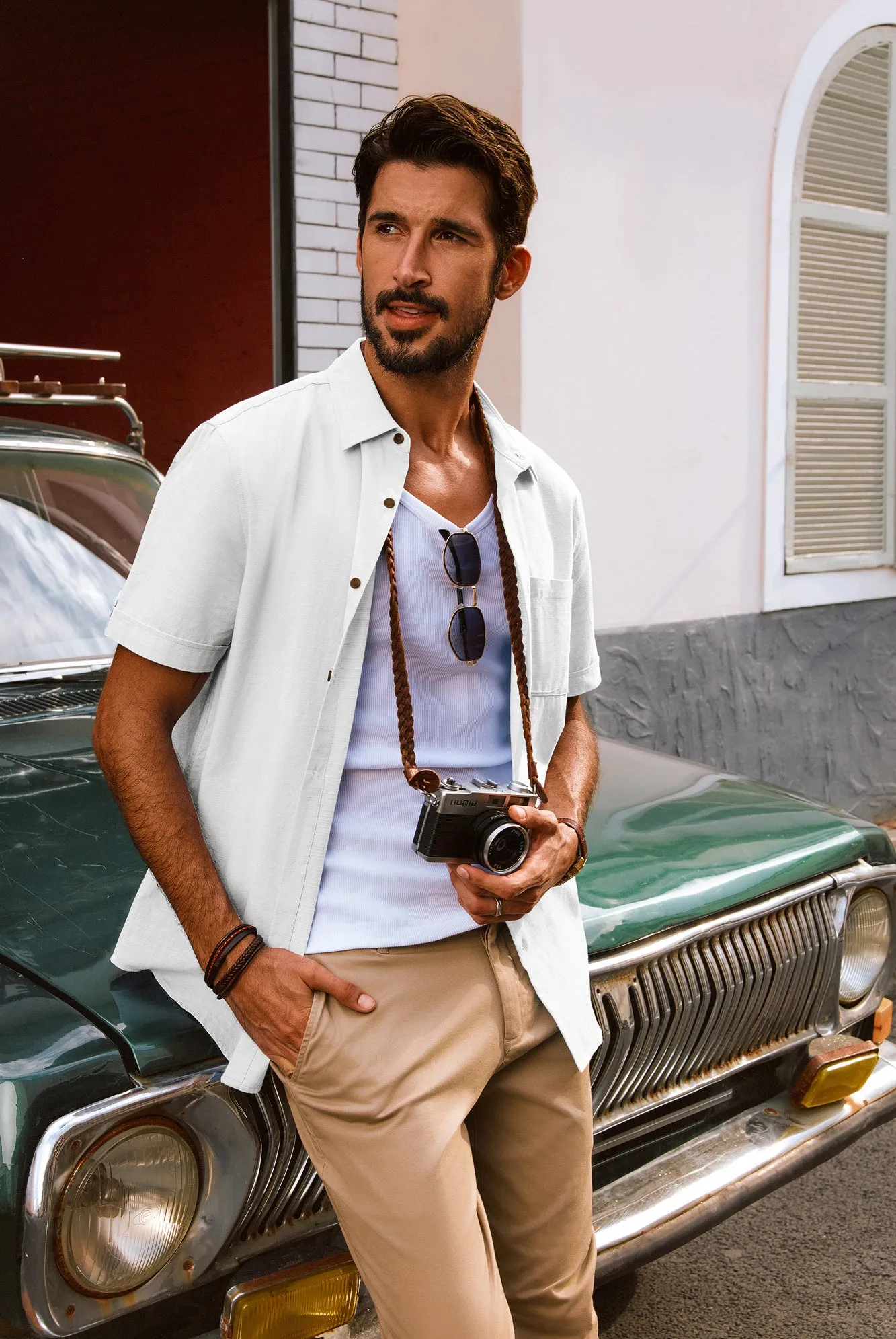 Men Straight Shirt Casual Short Sleeve Lapel Collar Curved Hem Button-up Tops sold by Paul Jones product image thumbnail 2