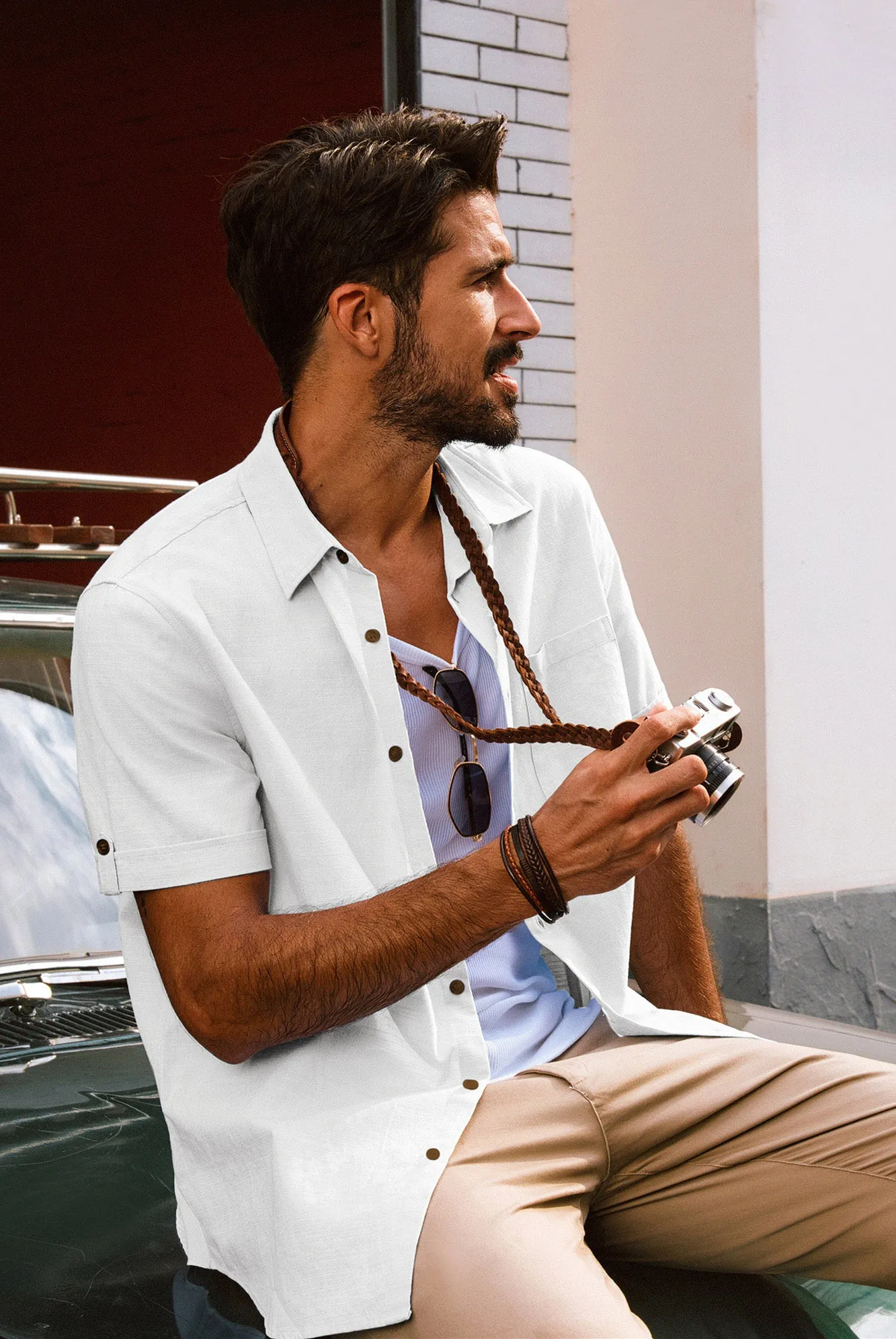 Men Straight Shirt Casual Short Sleeve Lapel Collar Curved Hem Button-up Tops sold by Paul Jones product image thumbnail 3