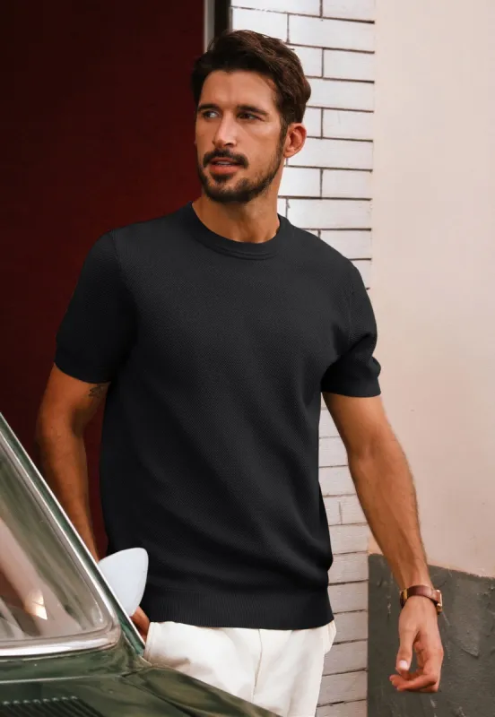 Men Textured Knitted T-Shirt Short Sleeve Crew Neck Ribbed Cuff Tops Knitwear sold by Paul Jones