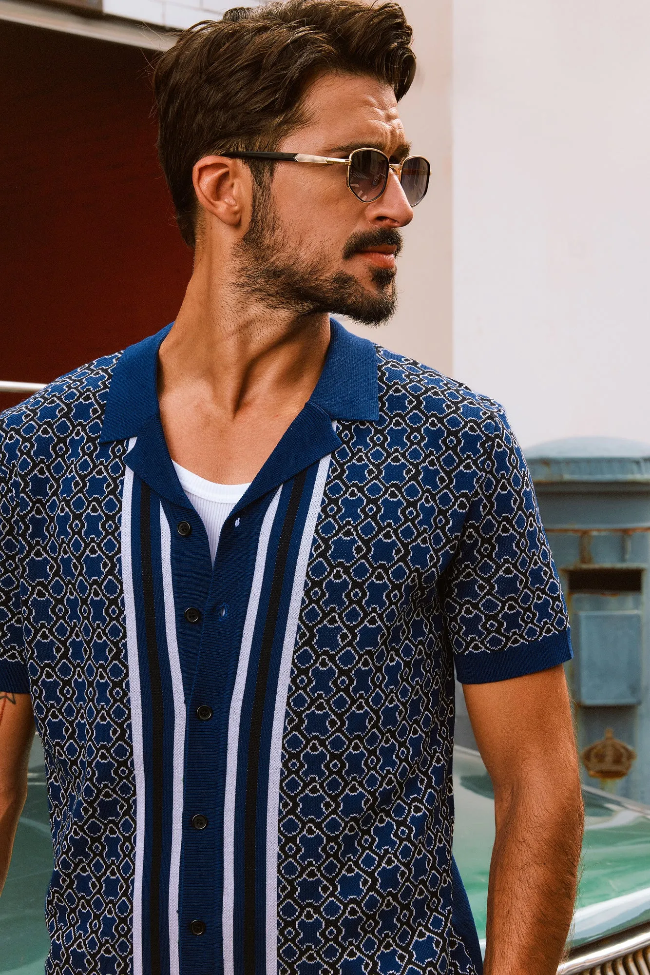 Men Contrast Color Cardigan Short Sleeve Lapel Collar Button-up Sweater Tops sold by Paul Jones product image thumbnail 5