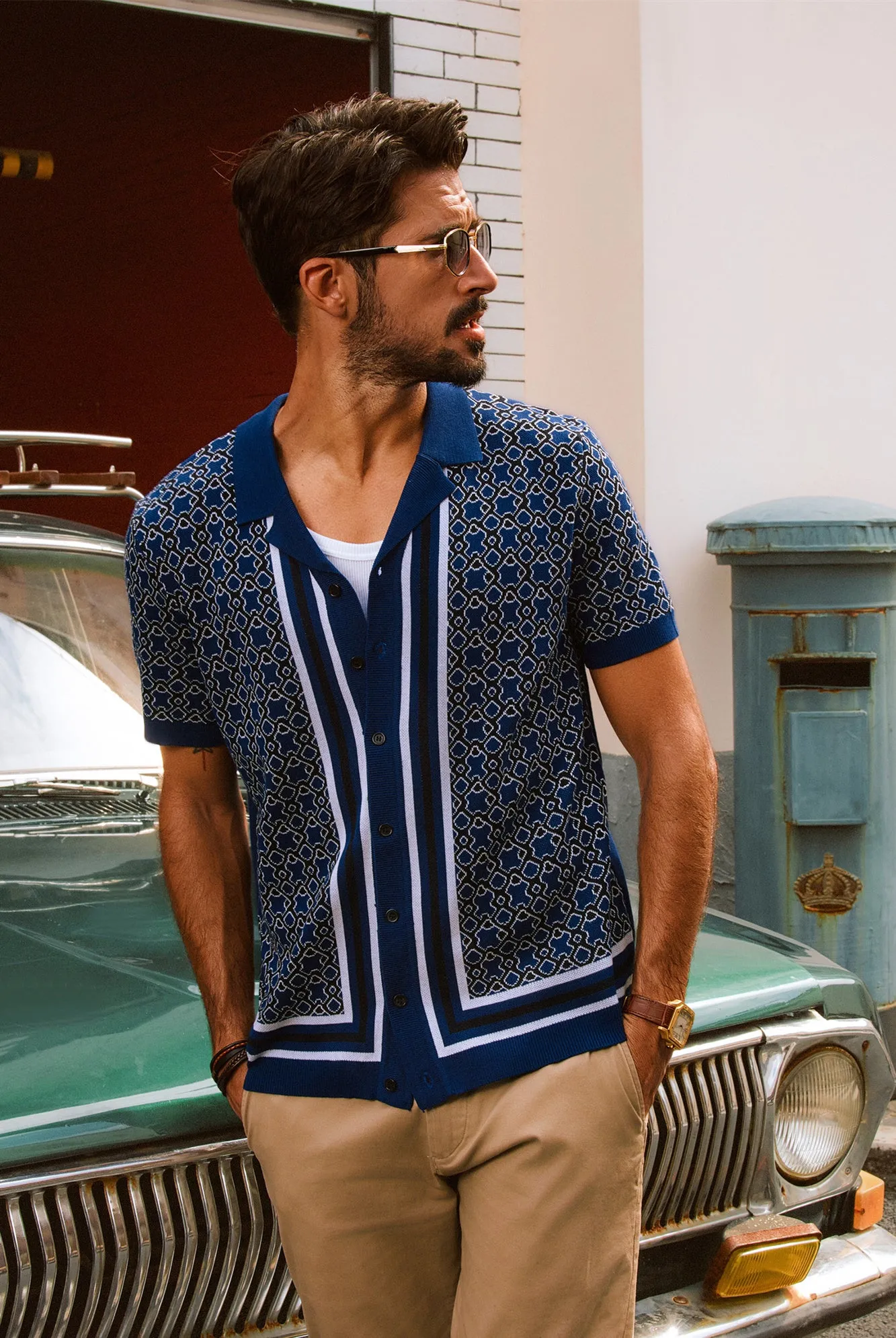 Men Contrast Color Cardigan Short Sleeve Lapel Collar Button-up Sweater Tops sold by Paul Jones product image thumbnail 3