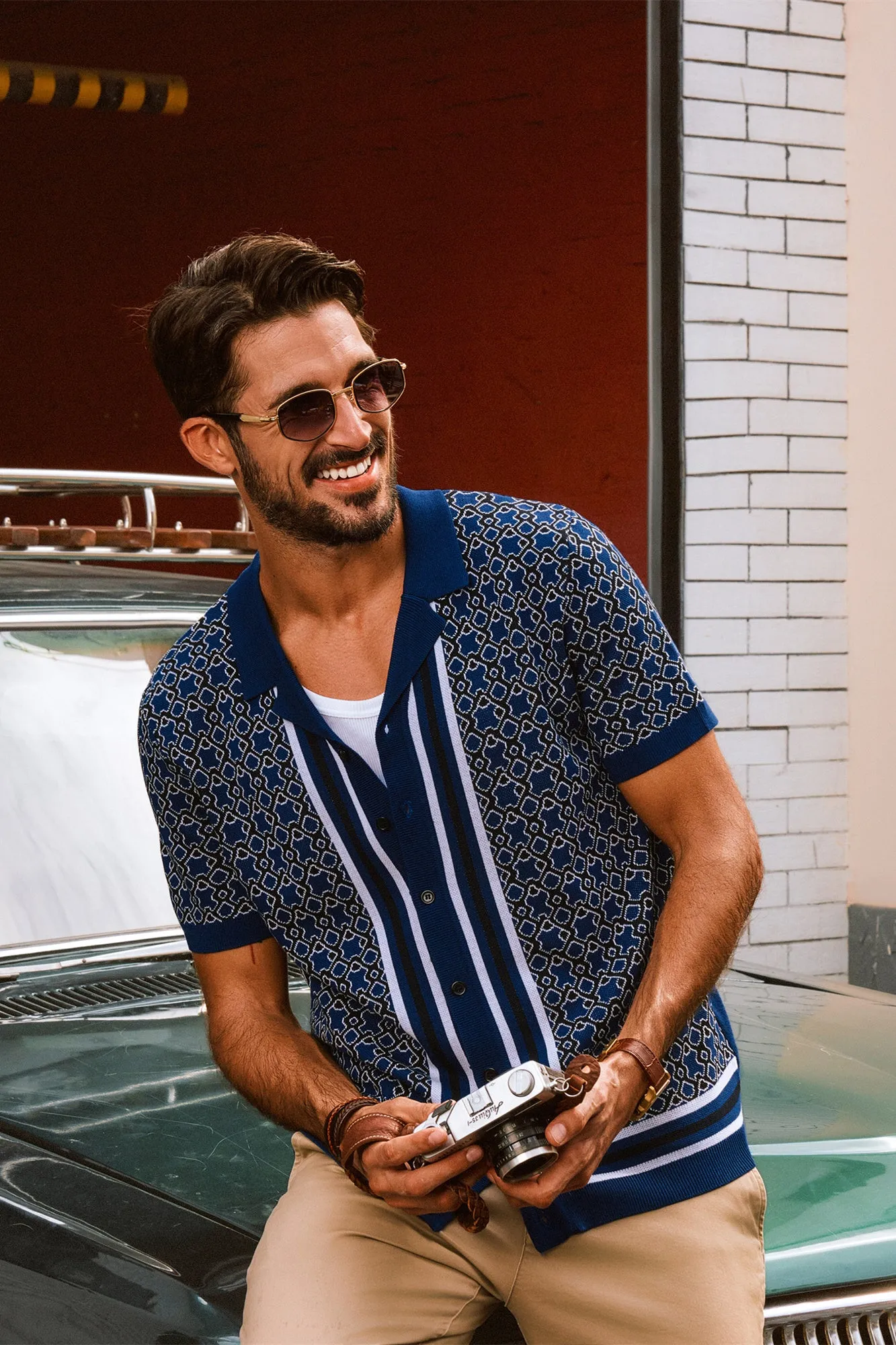 Men Contrast Color Cardigan Short Sleeve Lapel Collar Button-up Sweater Tops sold by Paul Jones product image thumbnail 4