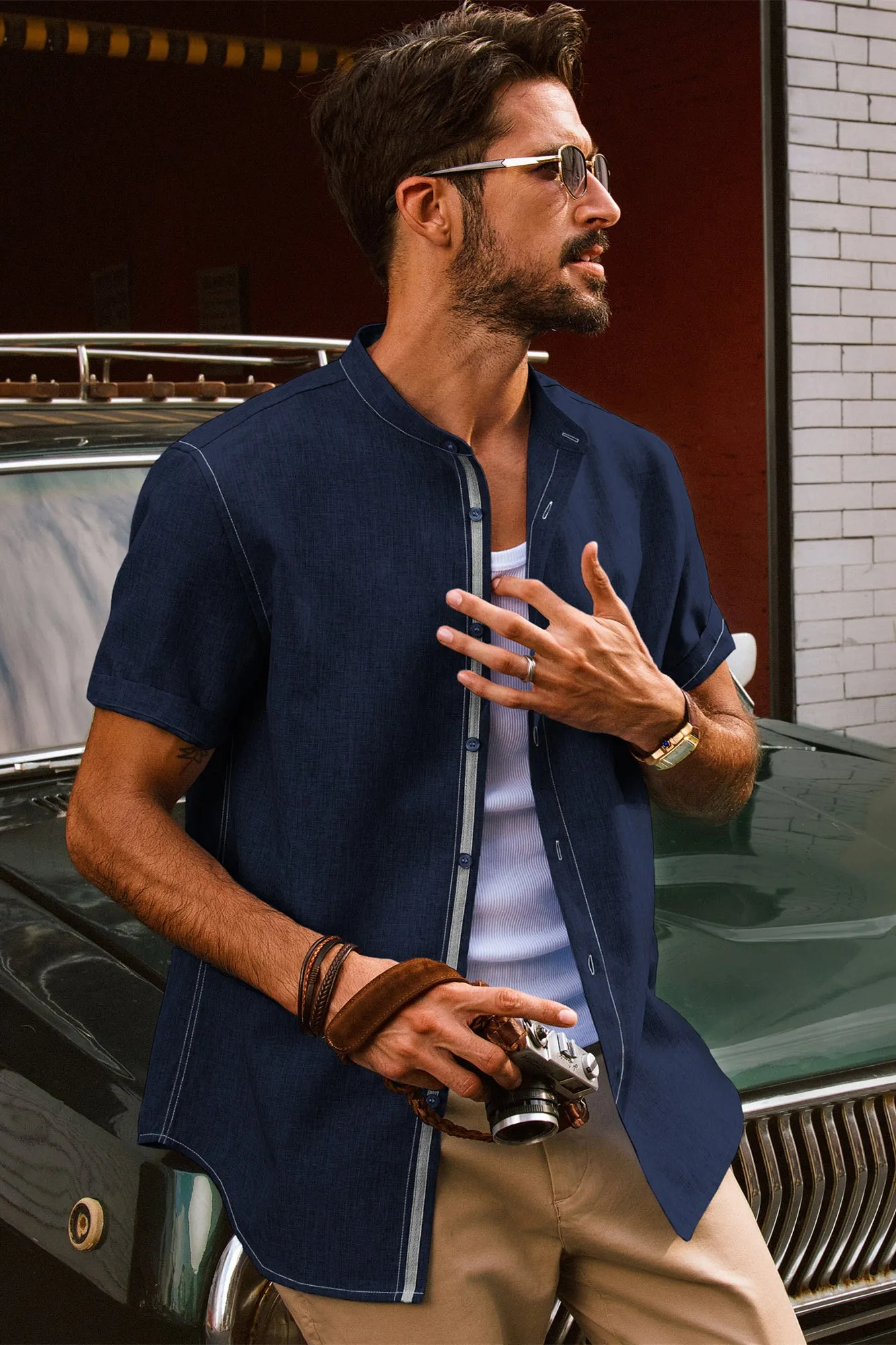 Men Stand Collar Shirt Casual Short Sleeve Curved Hem Button-up Tops sold by Paul Jones product image thumbnail 5