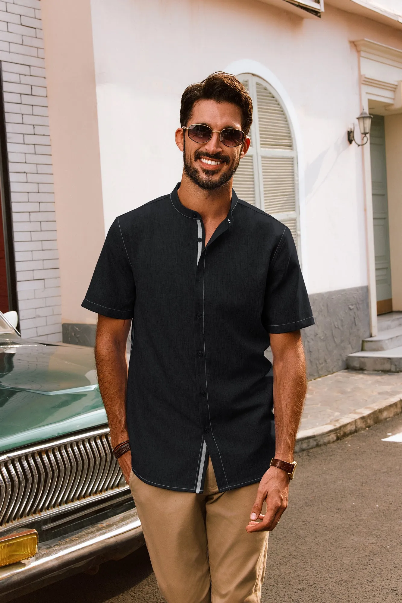 Men Stand Collar Shirt Casual Short Sleeve Curved Hem Button-up Tops sold by Paul Jones product image thumbnail 4