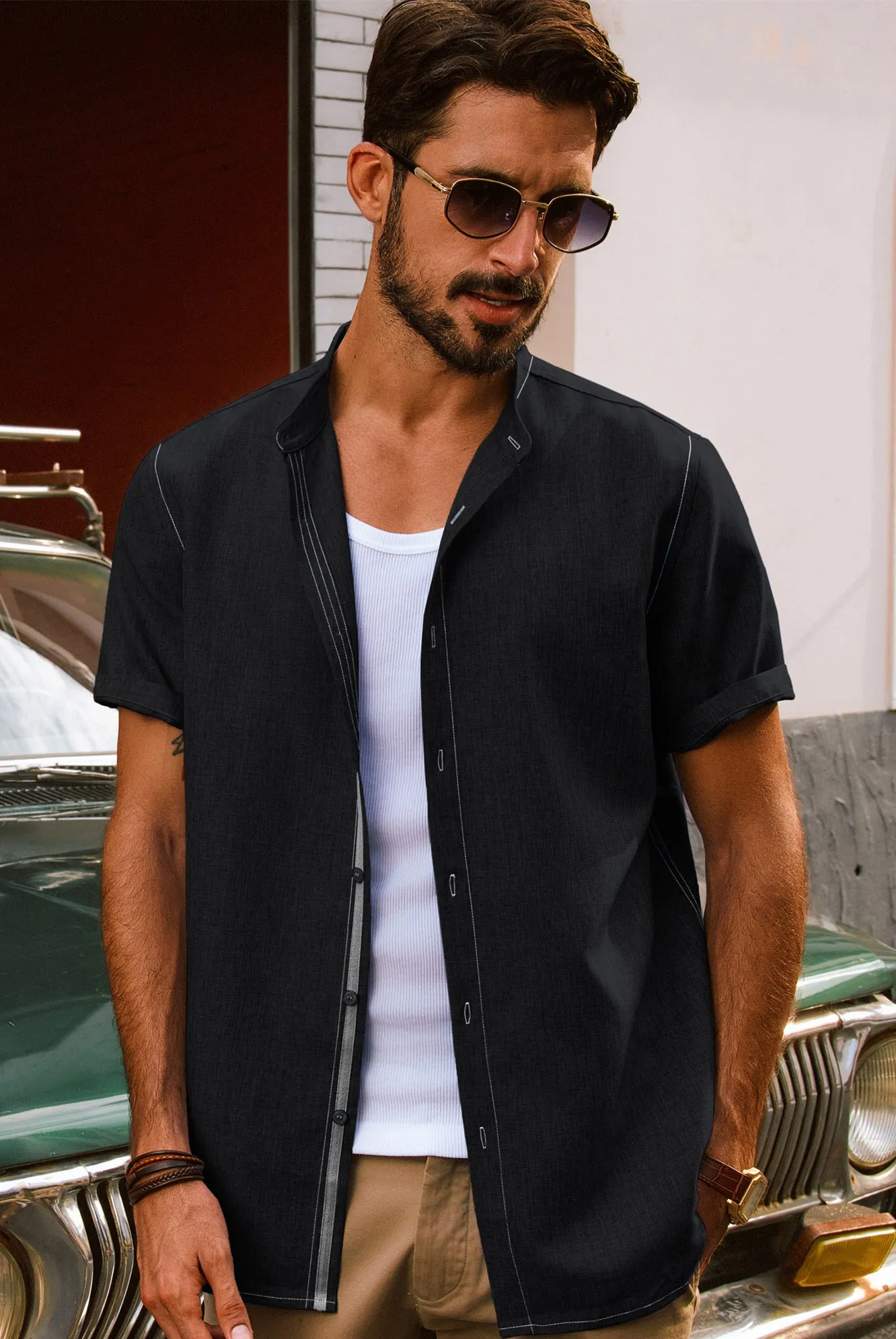 Men Stand Collar Shirt Casual Short Sleeve Curved Hem Button-up Tops sold by Paul Jones product image thumbnail 3