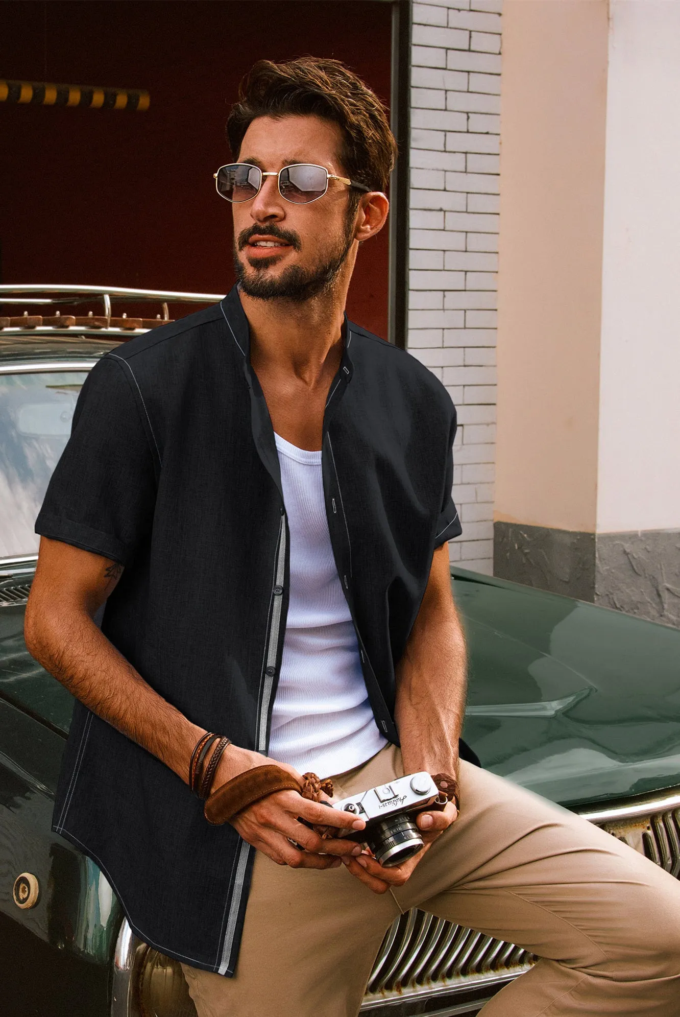 Men Stand Collar Shirt Casual Short Sleeve Curved Hem Button-up Tops sold by Paul Jones product image thumbnail 2