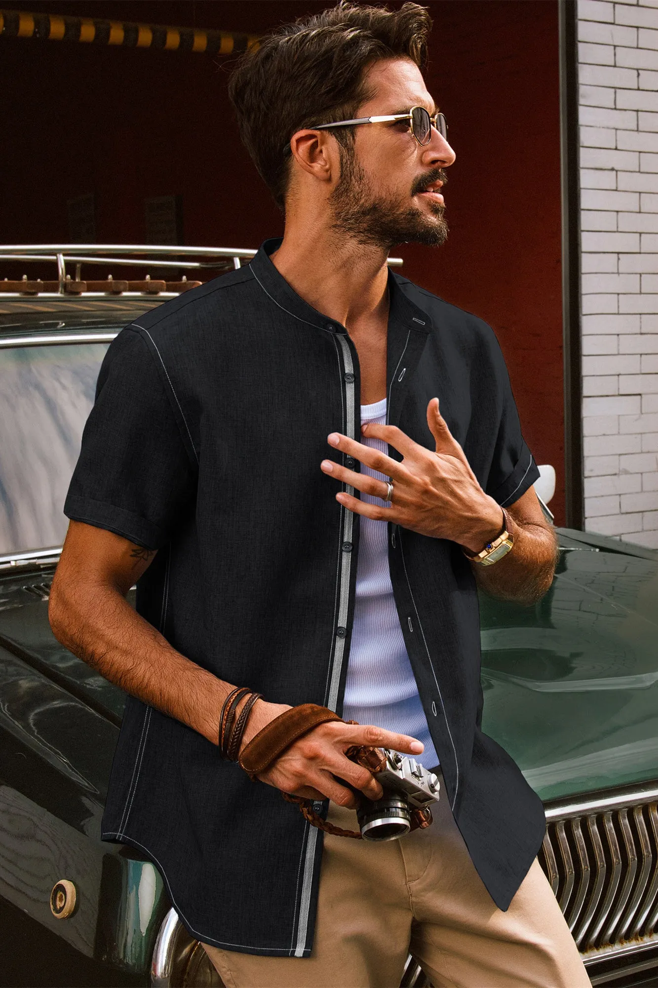 Men Stand Collar Shirt Casual Short Sleeve Curved Hem Button-up Tops sold by Paul Jones