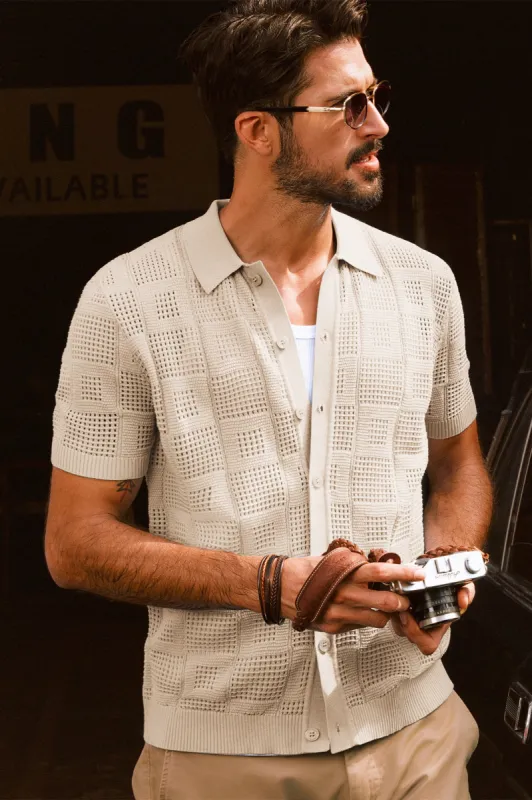 Men Hollowed-out Cardigan Short Sleeve Lapel Collar Button-up Sweater Tops sold by Paul Jones