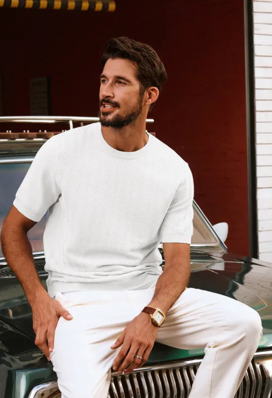 Men Herringbone Textured Knitted T-Shirt Short Sleeve Crew Neck Tops Knitwear sold by Paul Jones