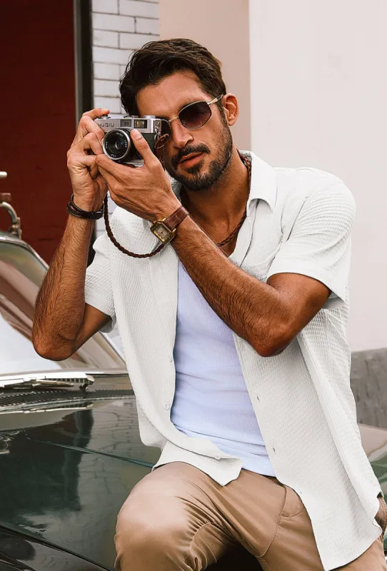 Men Textured Fabric Shirt Casual Short Sleeve Lapel Collar Button-up Tops sold by Paul Jones