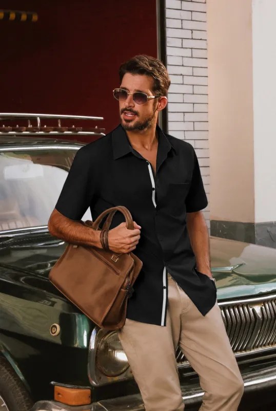 Men Classic Collar Shirt Casual Short Sleeve Curved Hem Button-up Tops sold by Paul Jones