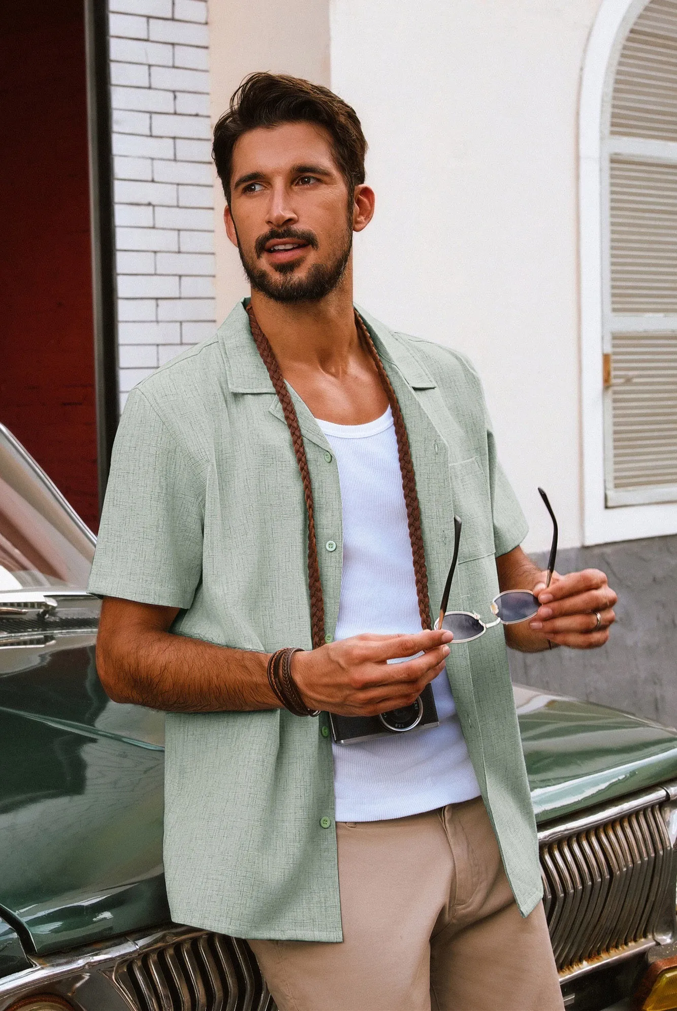 Men Basic Camp-Collar Shirt Casual Short Sleeve Button-up Tops sold by Paul Jones