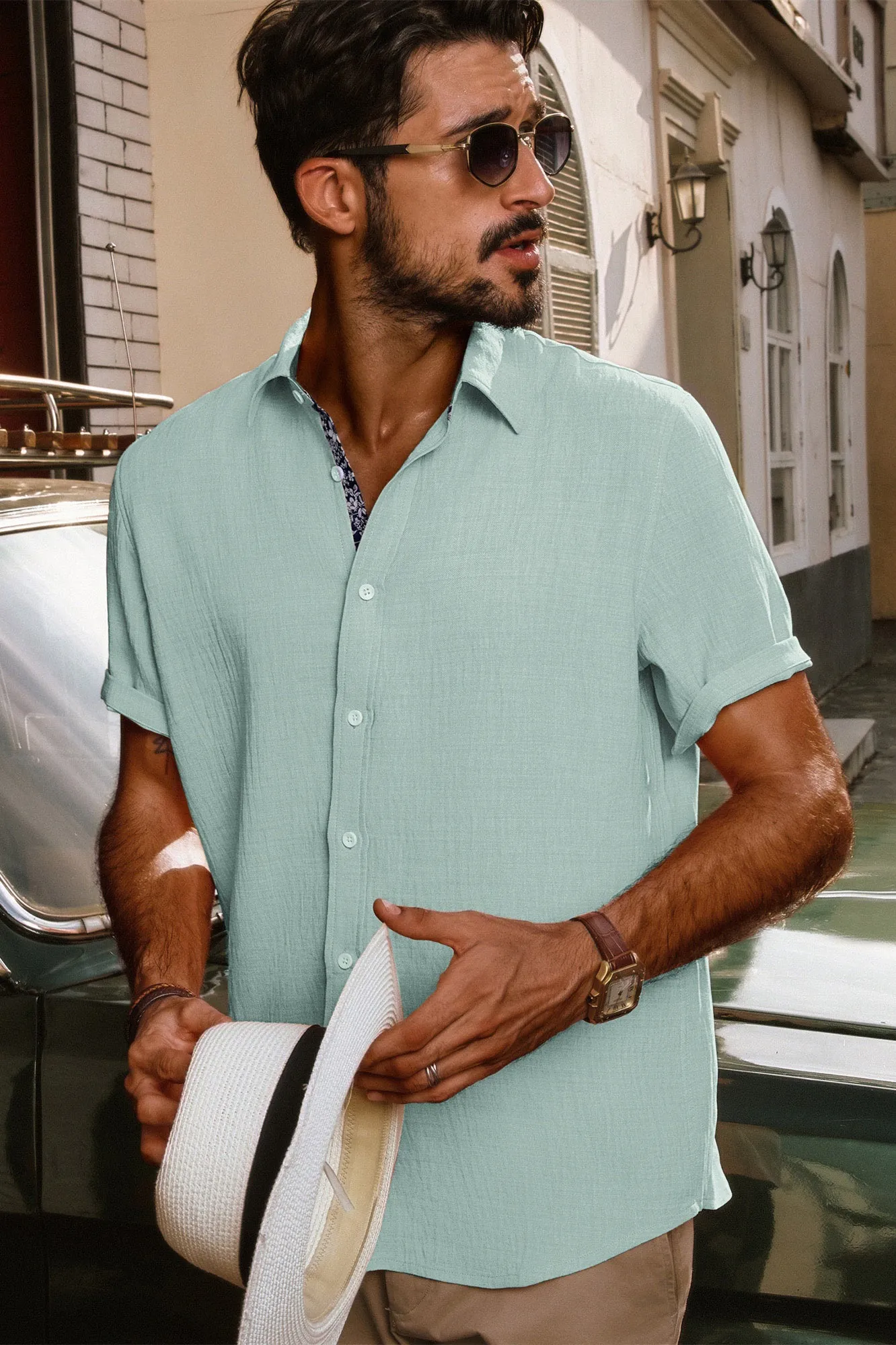 Men Straight Shirt Casual Short Sleeve Lapel Collar Button-up Tops sold by Paul Jones product image thumbnail 2