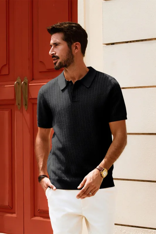 Men Wheatear Textured Polo-Shirt Short Sleeve Lapel Collar Knitwear Tops sold by Paul Jones