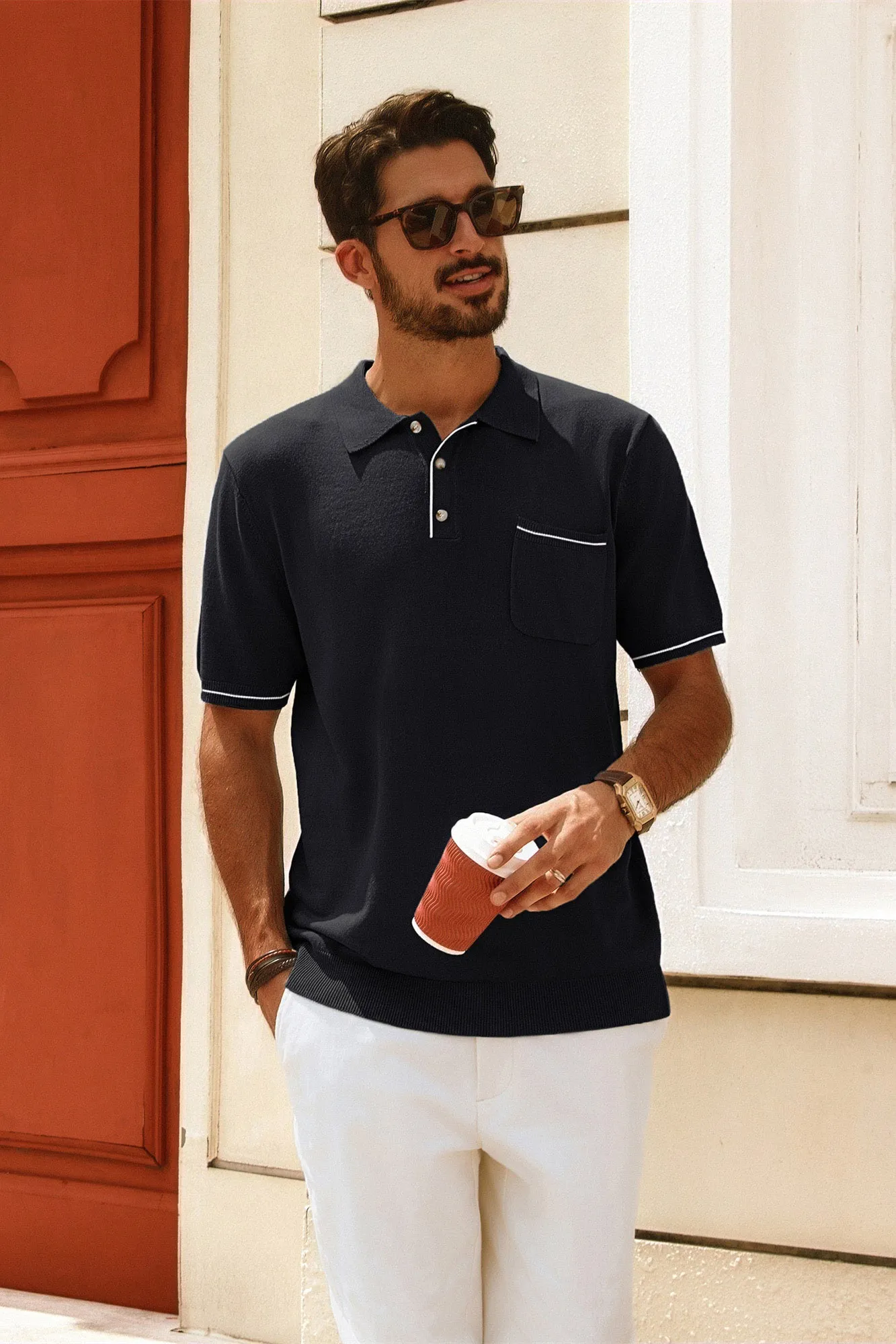 Men Knitted Polo-Shirt Short Sleeve Lapel Collar Button-up Neck Tops Knitwear sold by Paul Jones product image thumbnail 4