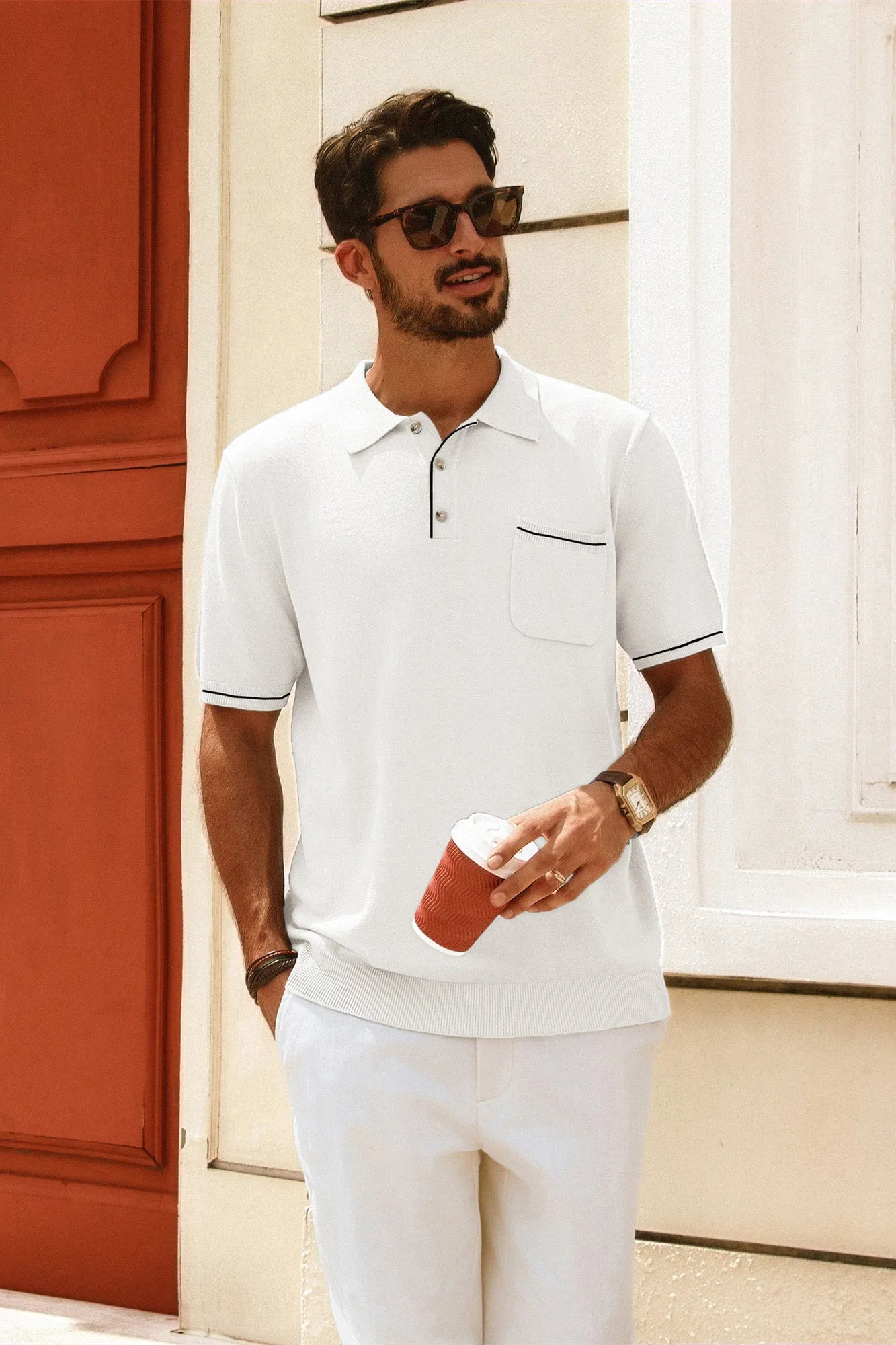 Men Knitted Polo-Shirt Short Sleeve Lapel Collar Button-up Neck Tops Knitwear sold by Paul Jones