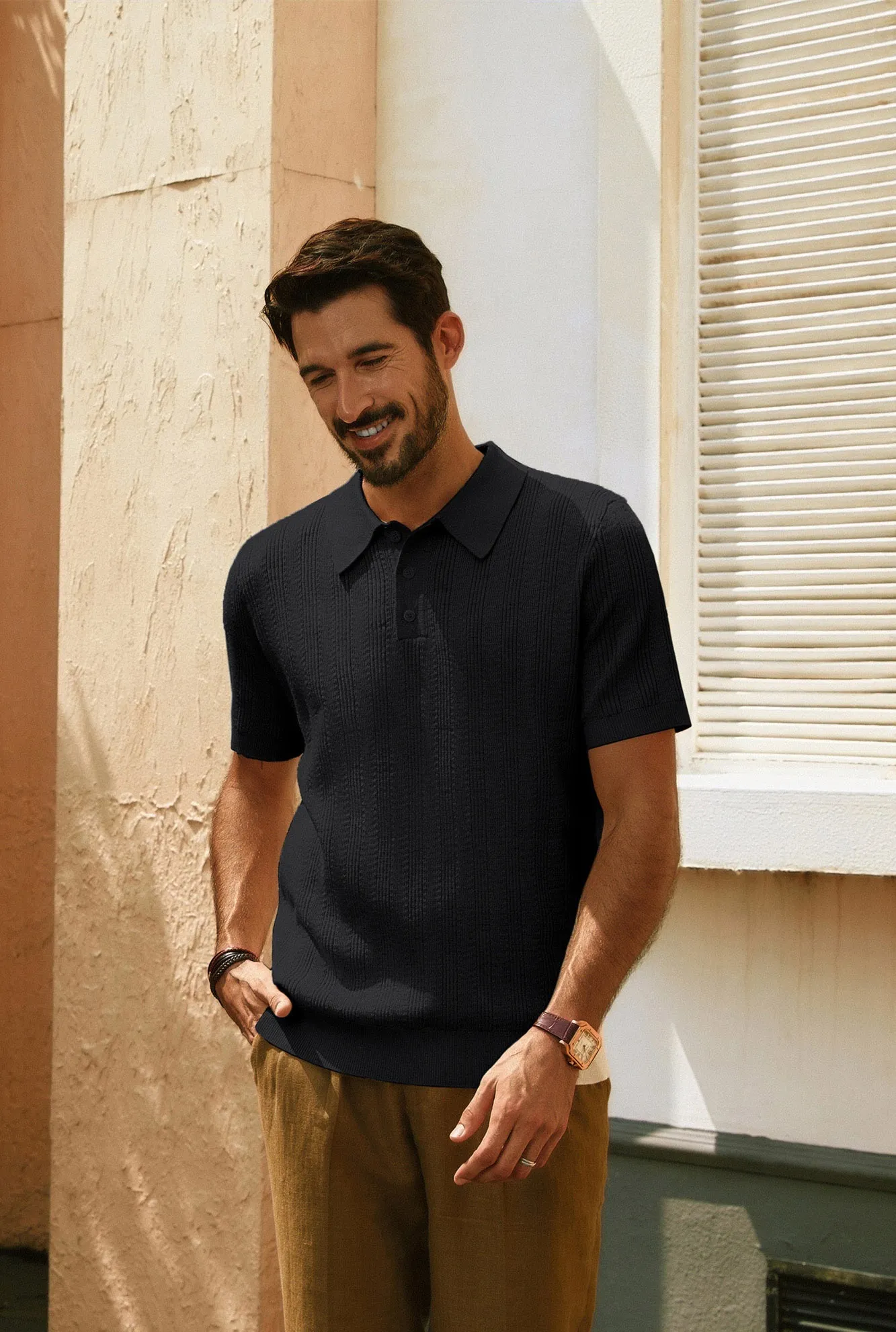 Men Textured Knitted Polo-Shirt Short Sleeve Lapel Collar Knitwear Tops sold by Paul Jones