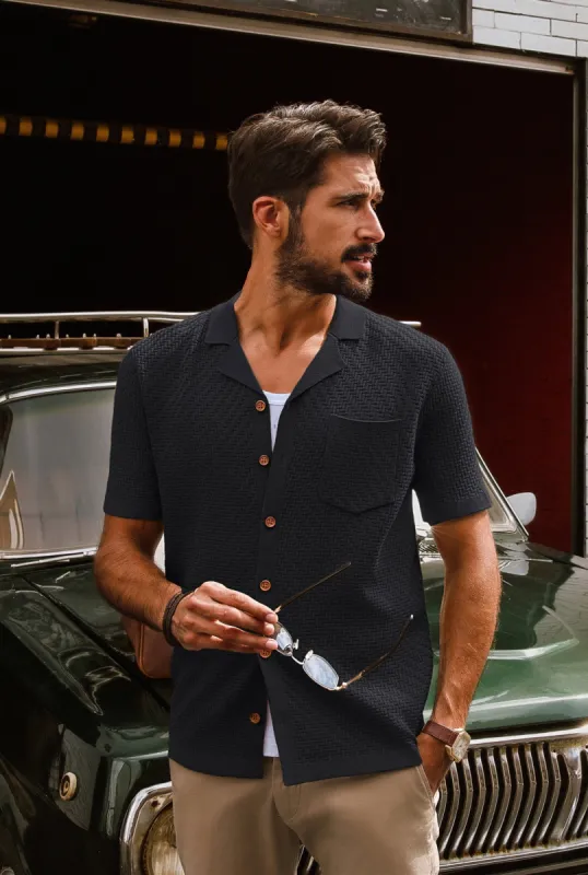 Men Textured Cardigan Short Sleeve Camp-Collar Button-up Sweater Knitwear sold by Paul Jones